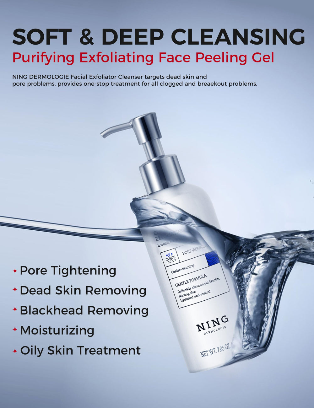 NING DERMOLOGIE exfoliating face scrub jar closeup shows creamy gel texture for gentle exfoliation