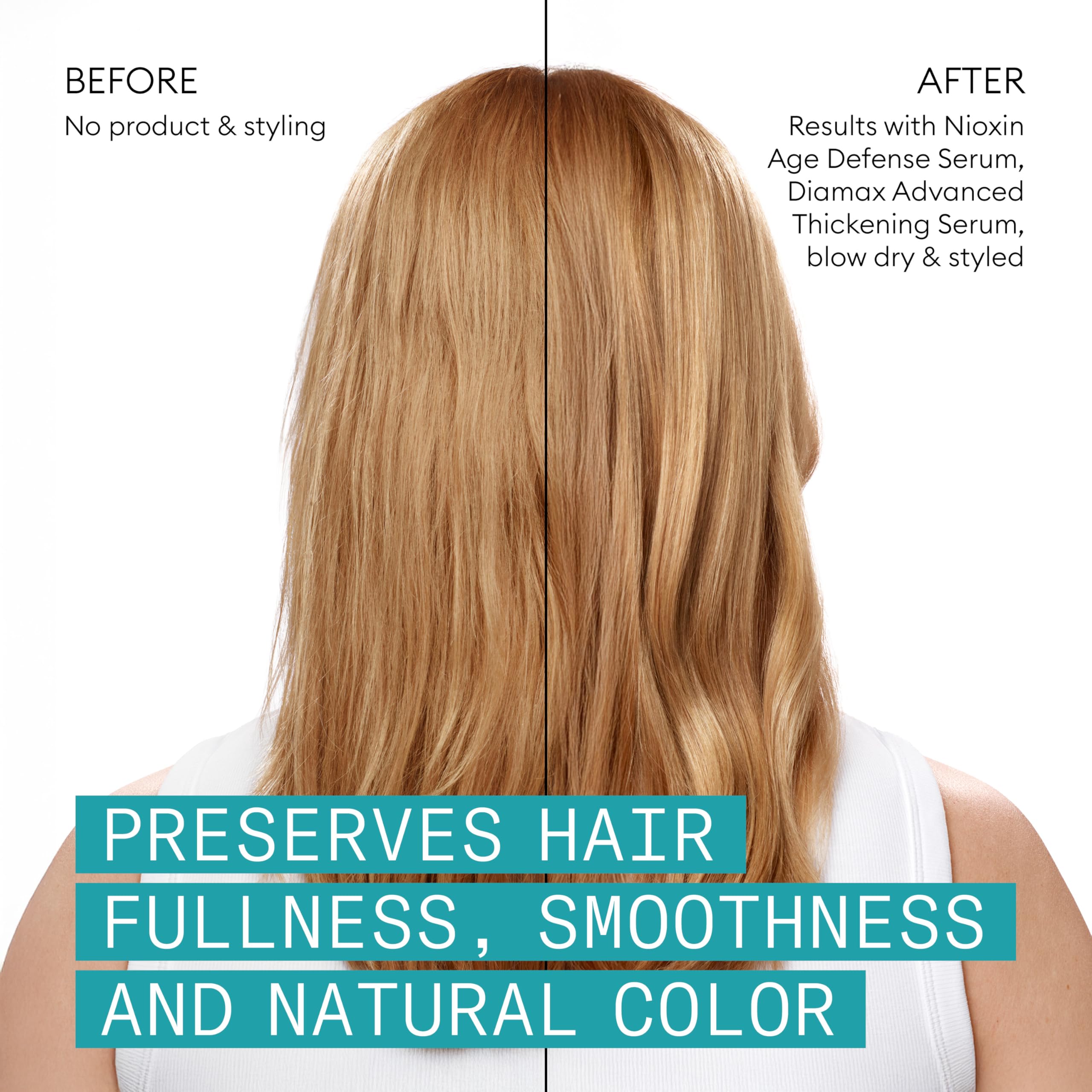 Before and after color-treated hair showing Nioxin vibrancy support
