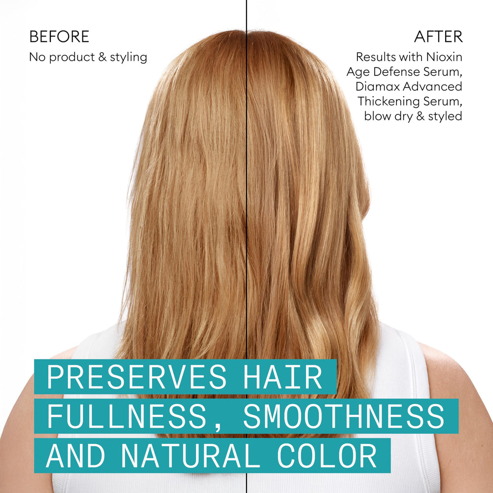 Before and after color-treated hair showing Nioxin vibrancy support