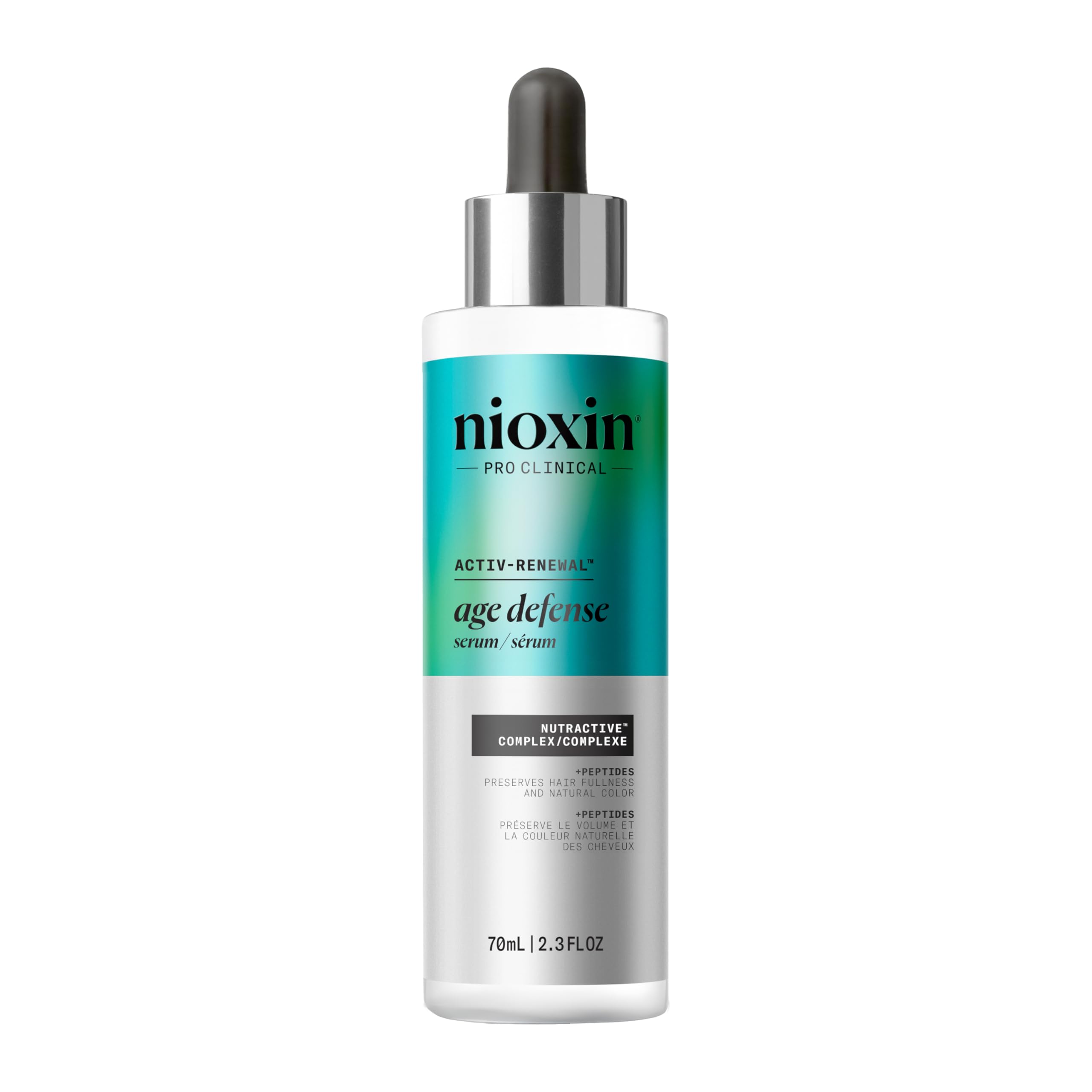 Nioxin bottle front view showing sleek label and product benefit