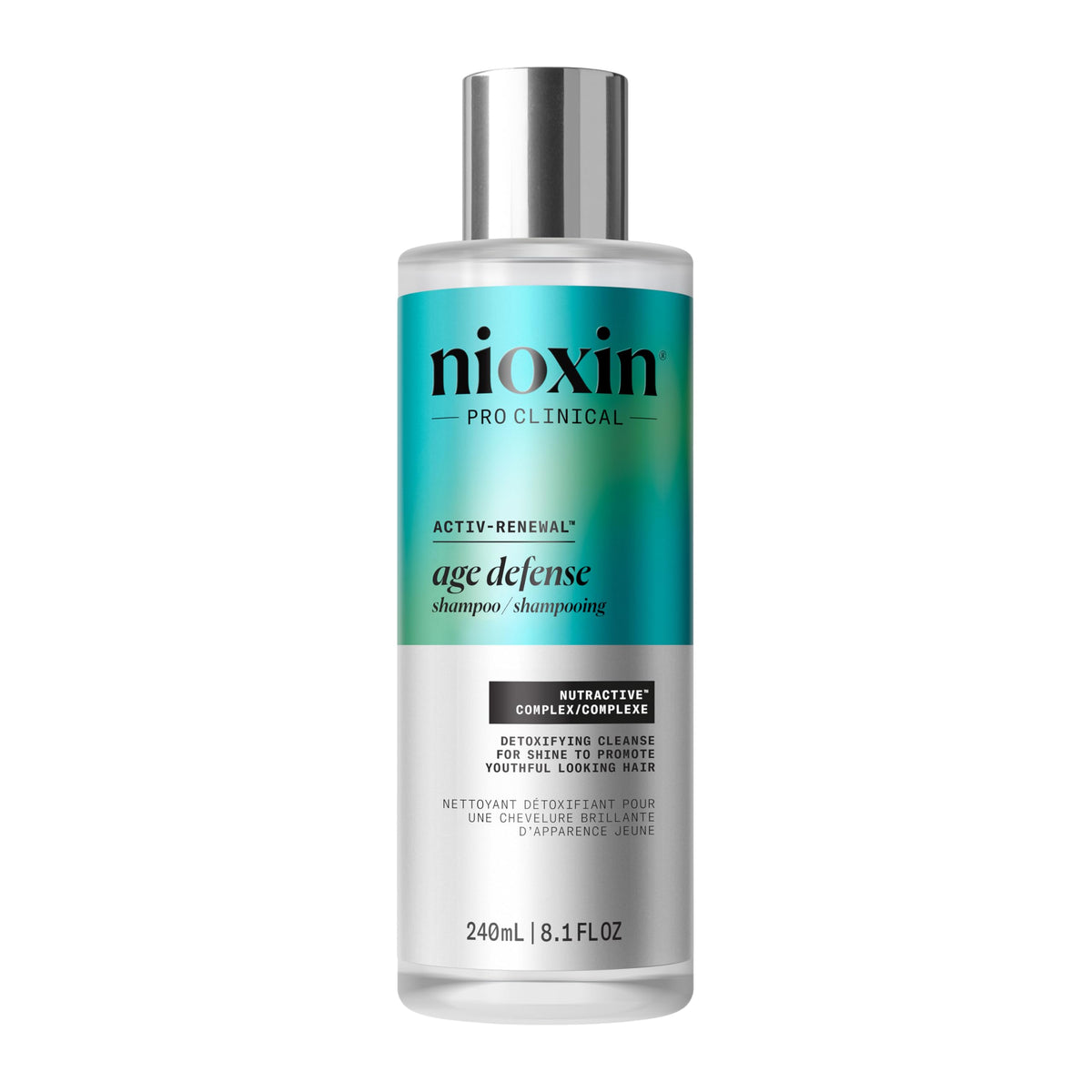 NIOXIN front bottle showing clean anti-aging shampoo for fuller hair