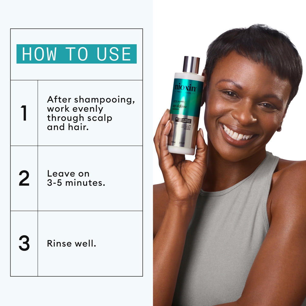 NIOXIN bottle on shower shelf suggesting daily use and moisture routine benefit