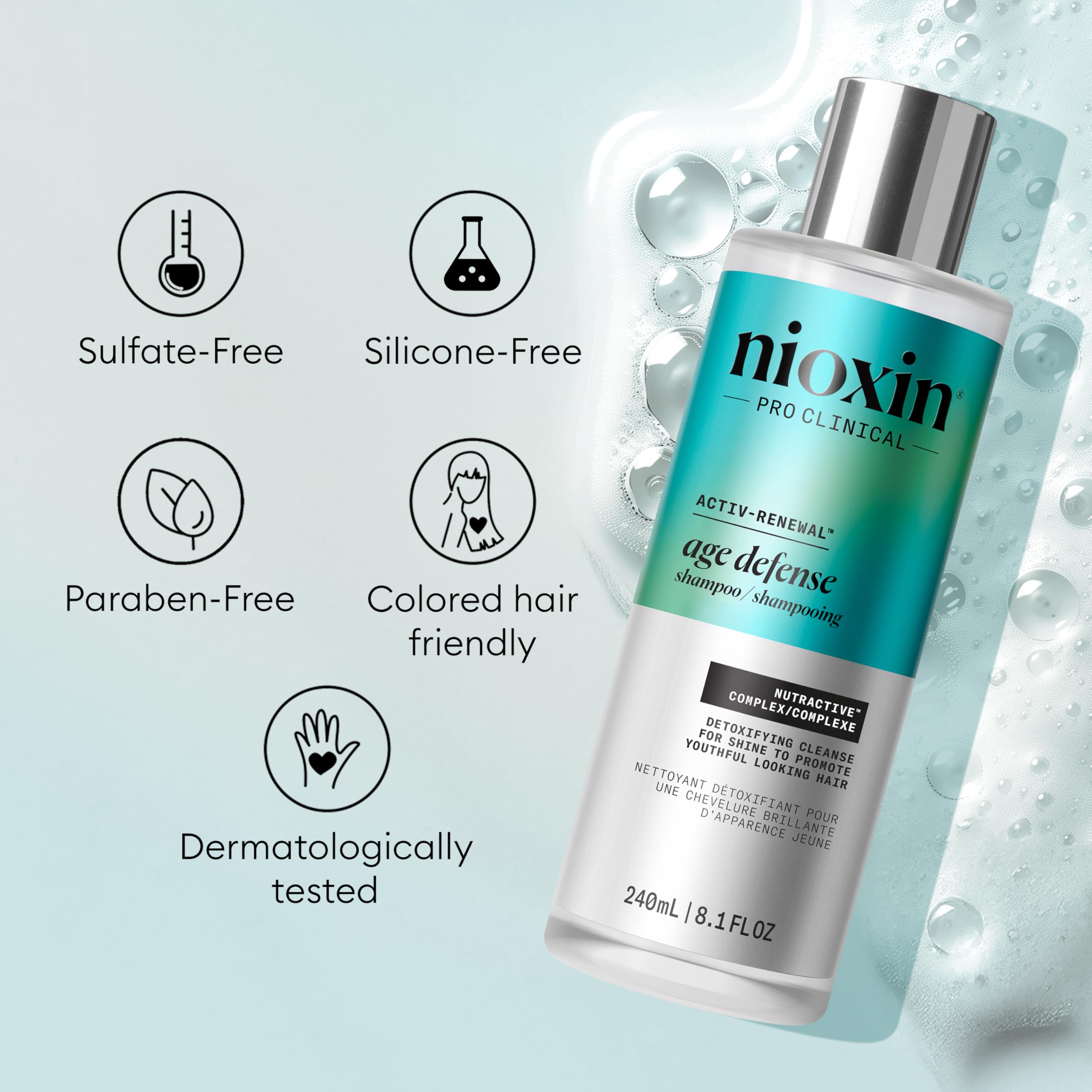 NIOXIN bottle on shower shelf depicting in-use environment for real-life convenience