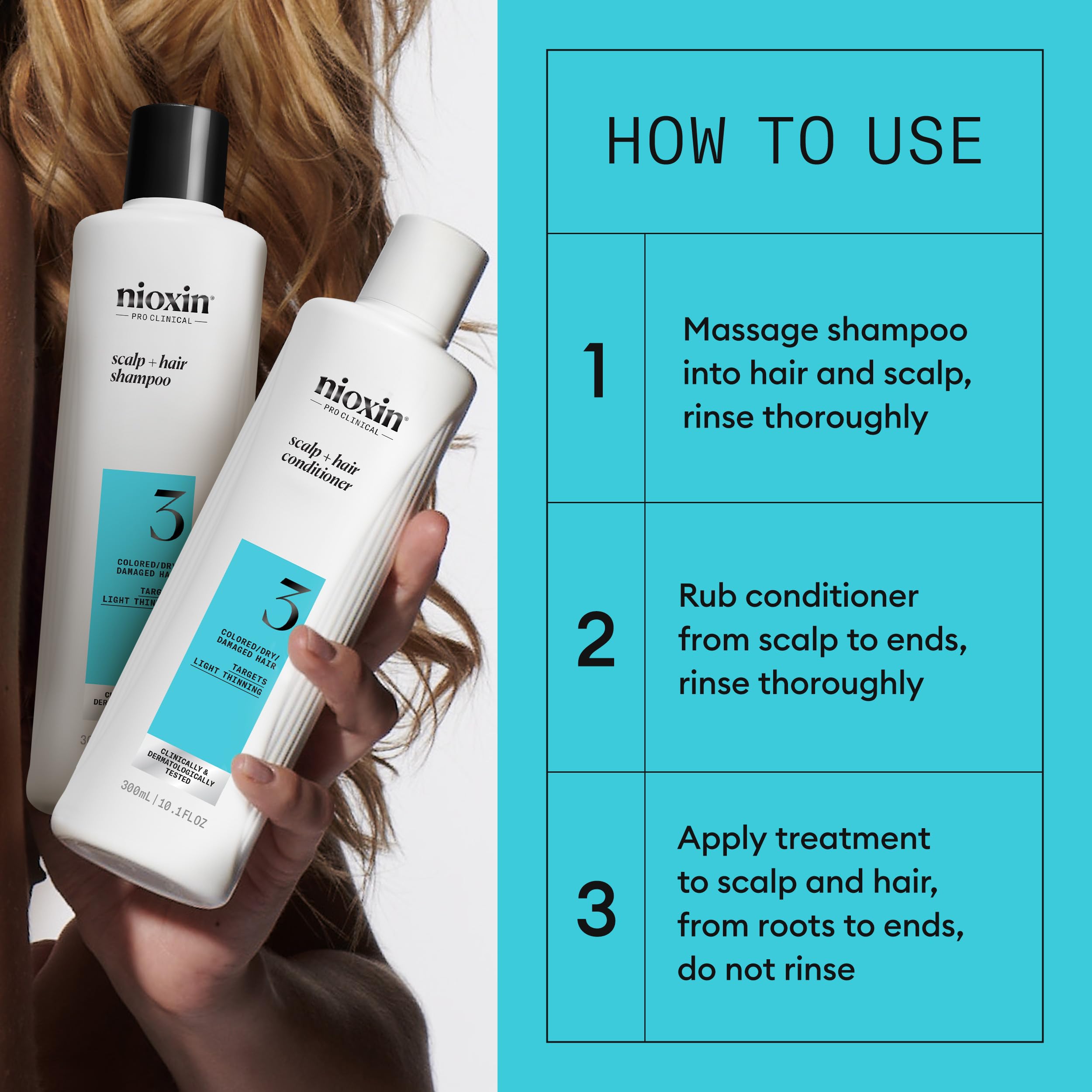 NIOXIN bottles in hand for scale showing trial size and one‑month supply