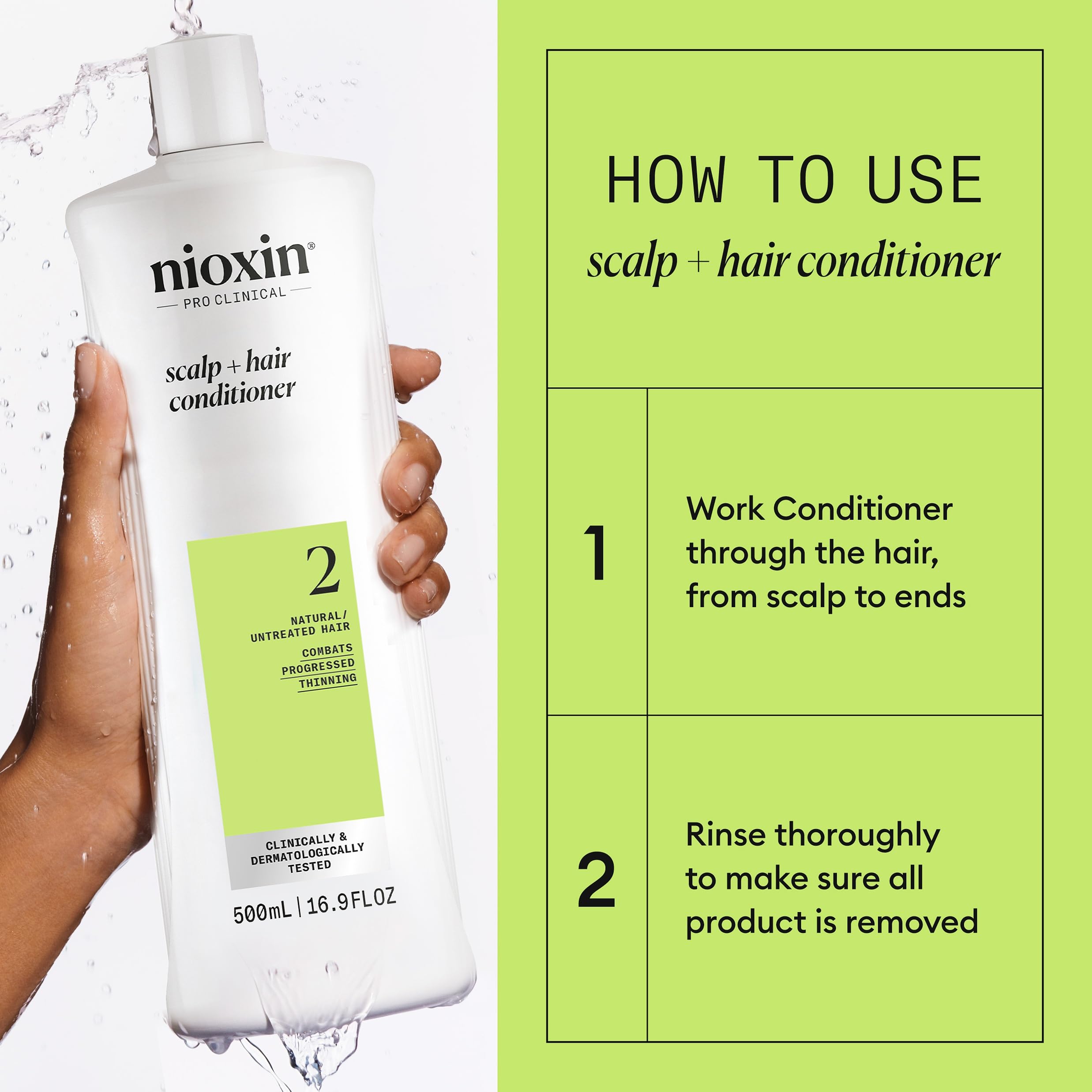 Nioxin conditioner being worked into wet hair demonstrating smooth application and detangling
