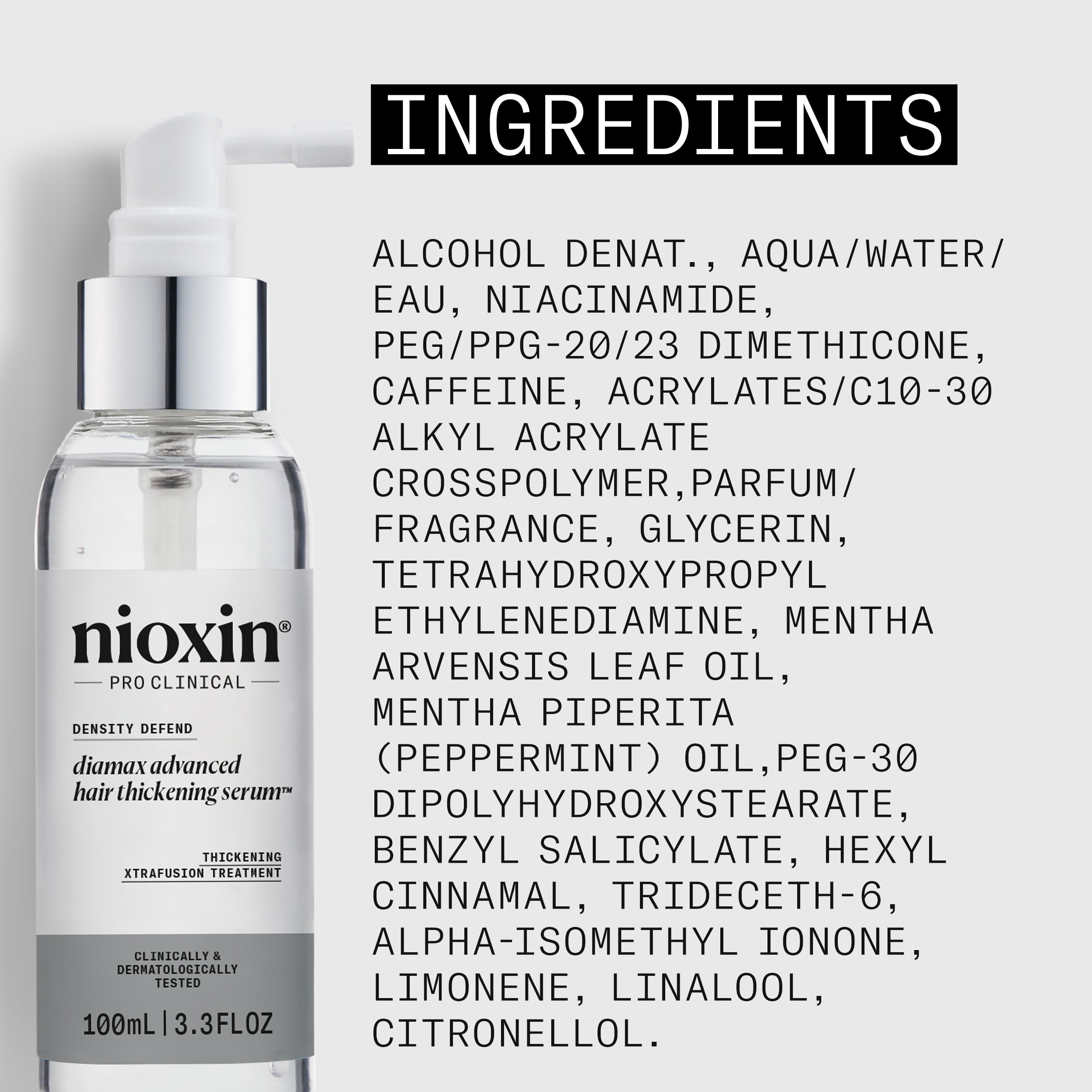 NIOXIN label close-up listing key actives like caffeine and panthenol
