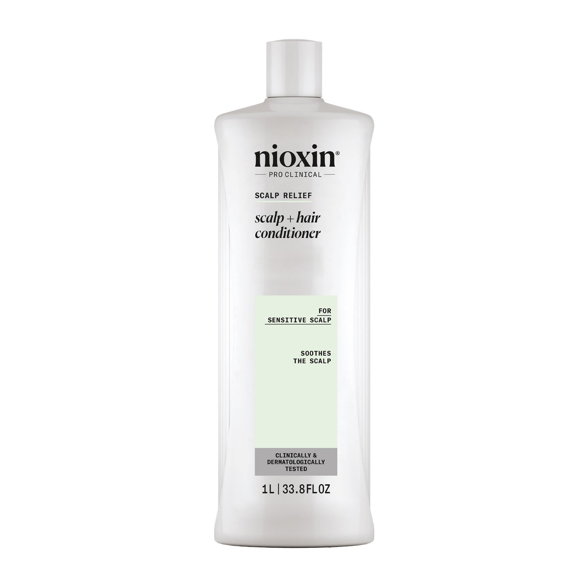 NIOXIN front packaging showing 33.8 fl oz bottle and clear brand benefits