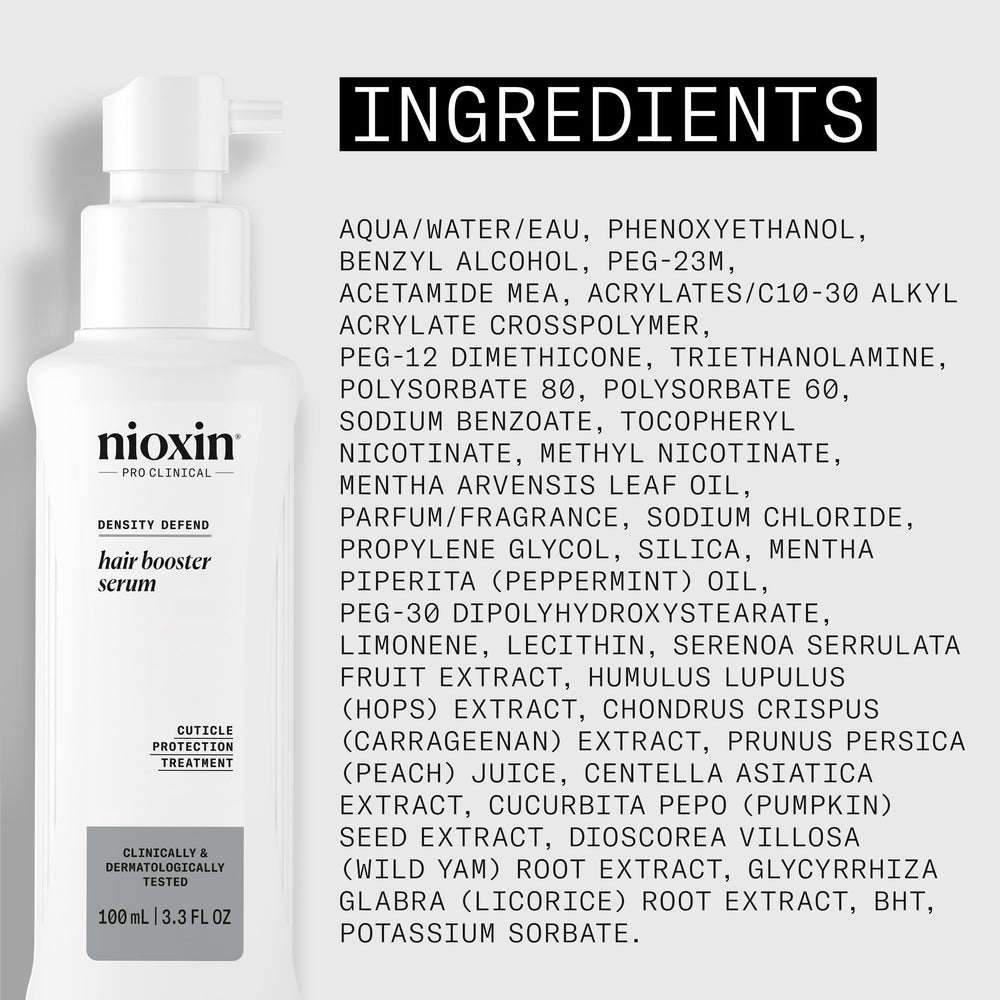 Nioxin label ingredient list closeup highlighting vitamin complex and HBT tech