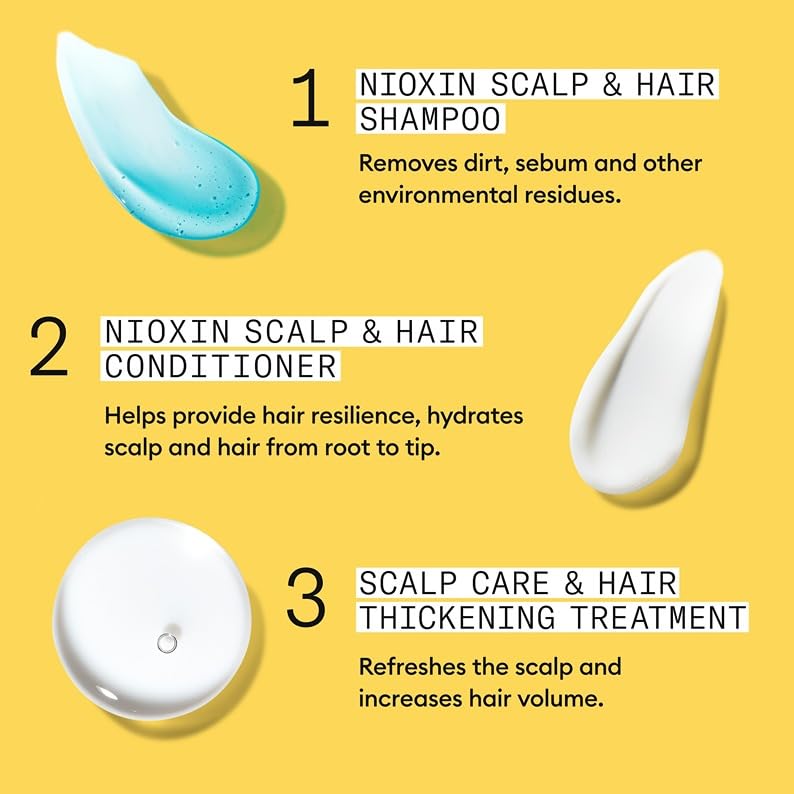 Woman using Nioxin System 1 in bathroom supporting healthier scalp appearance