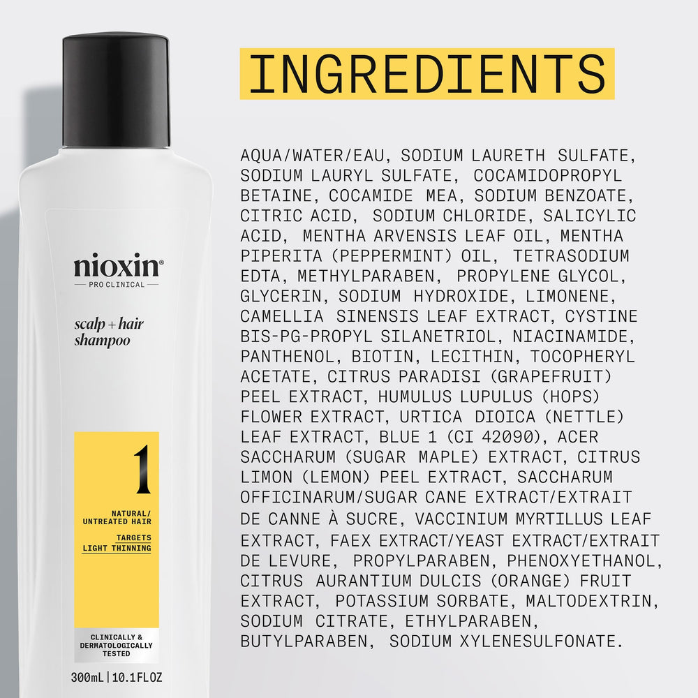 NIOXIN system displayed on a bathroom shelf suggesting daily routine use