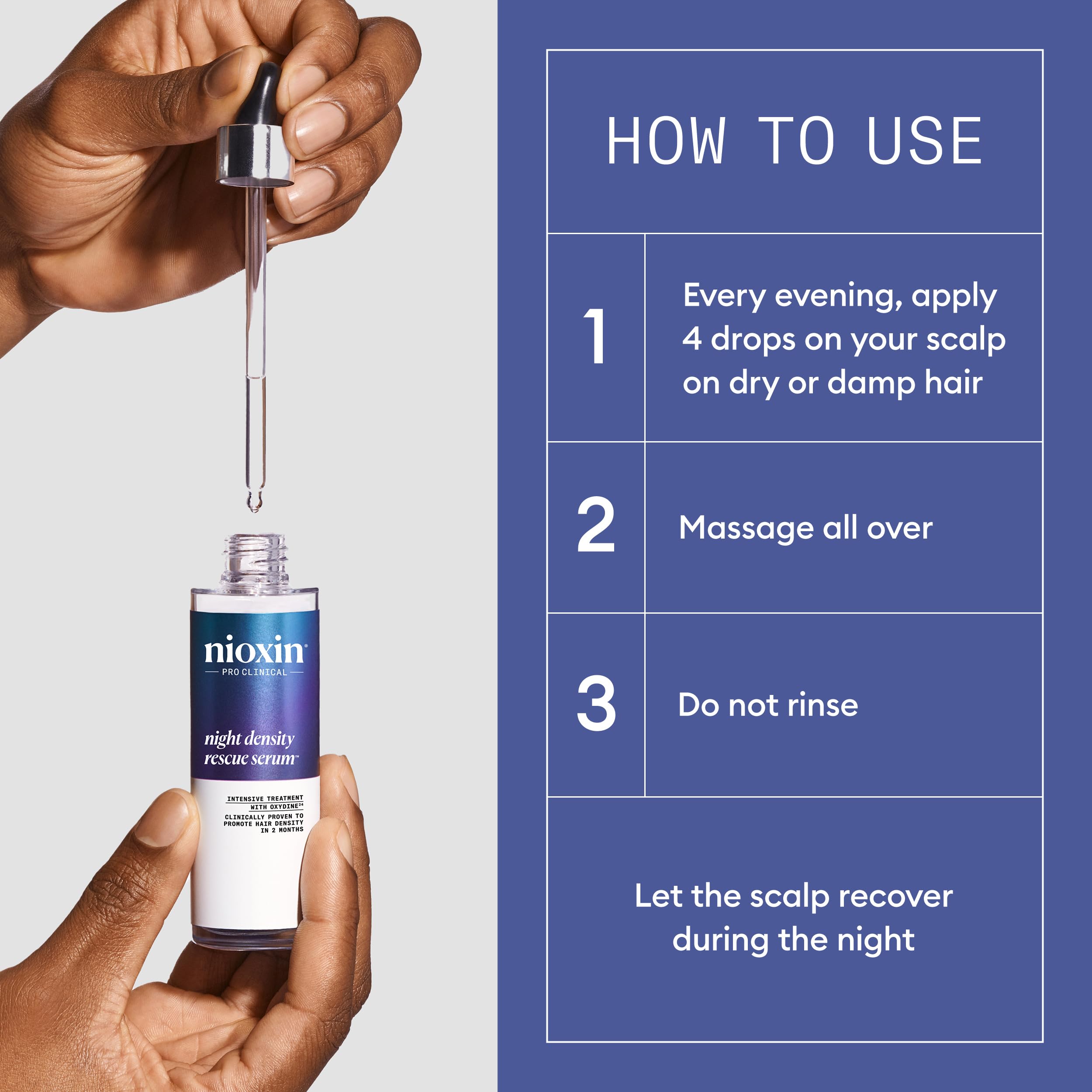 Nioxin serum on pillow in nighttime setting showing non-greasy finish