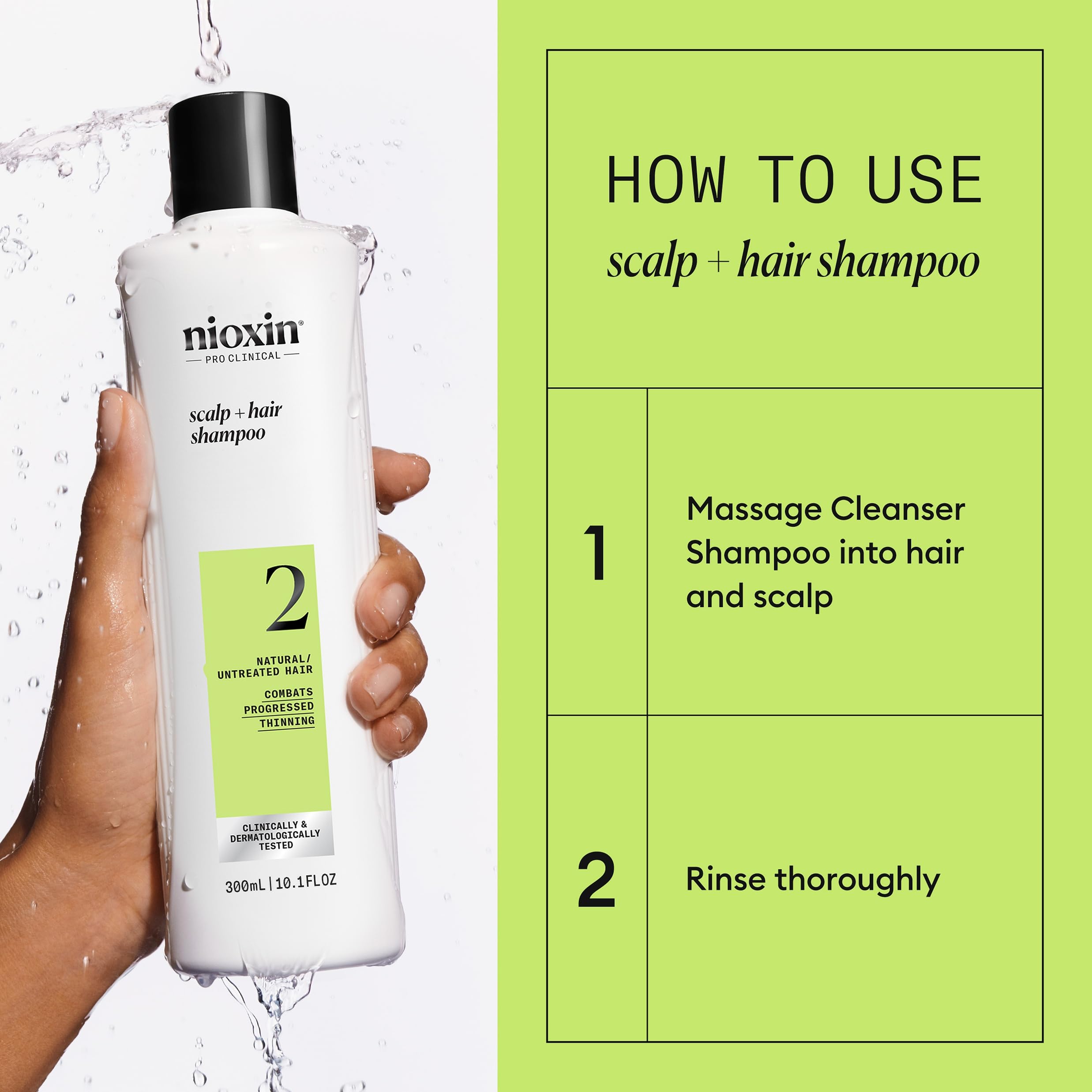 Nioxin shampoo placed by shower to show everyday use and convenient routine