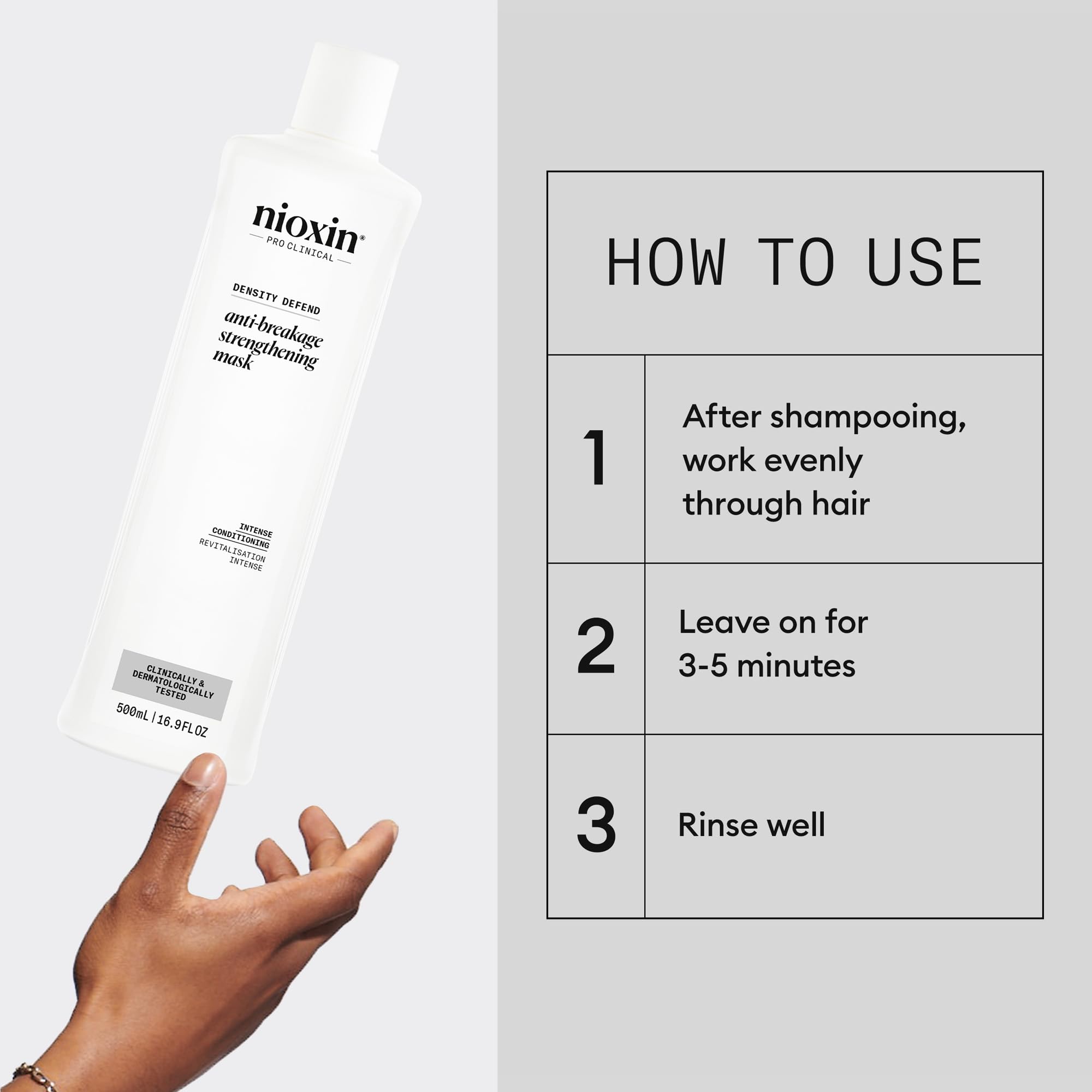 Nioxin bottle in hand for size comparison showing generous 16.9 fl oz supply