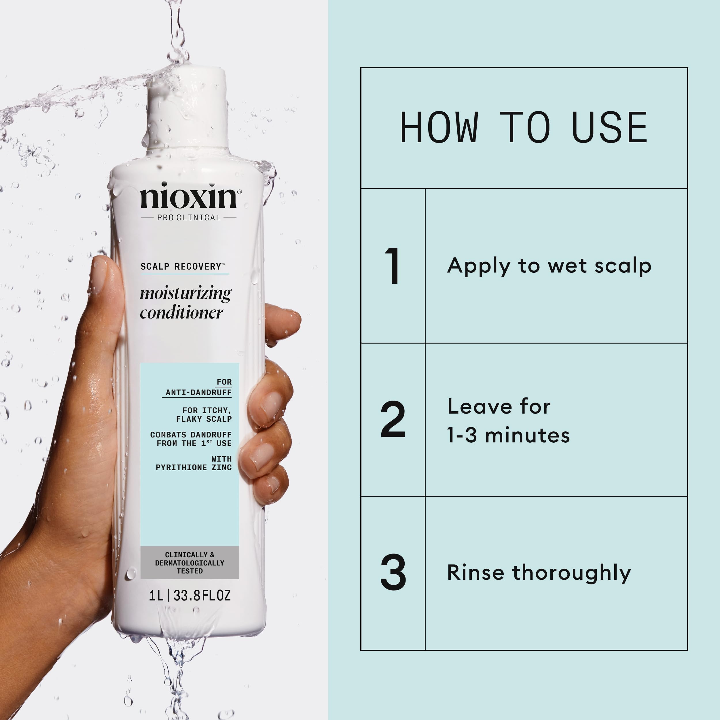 Nioxin bottle next to hand for scale and volume clarity