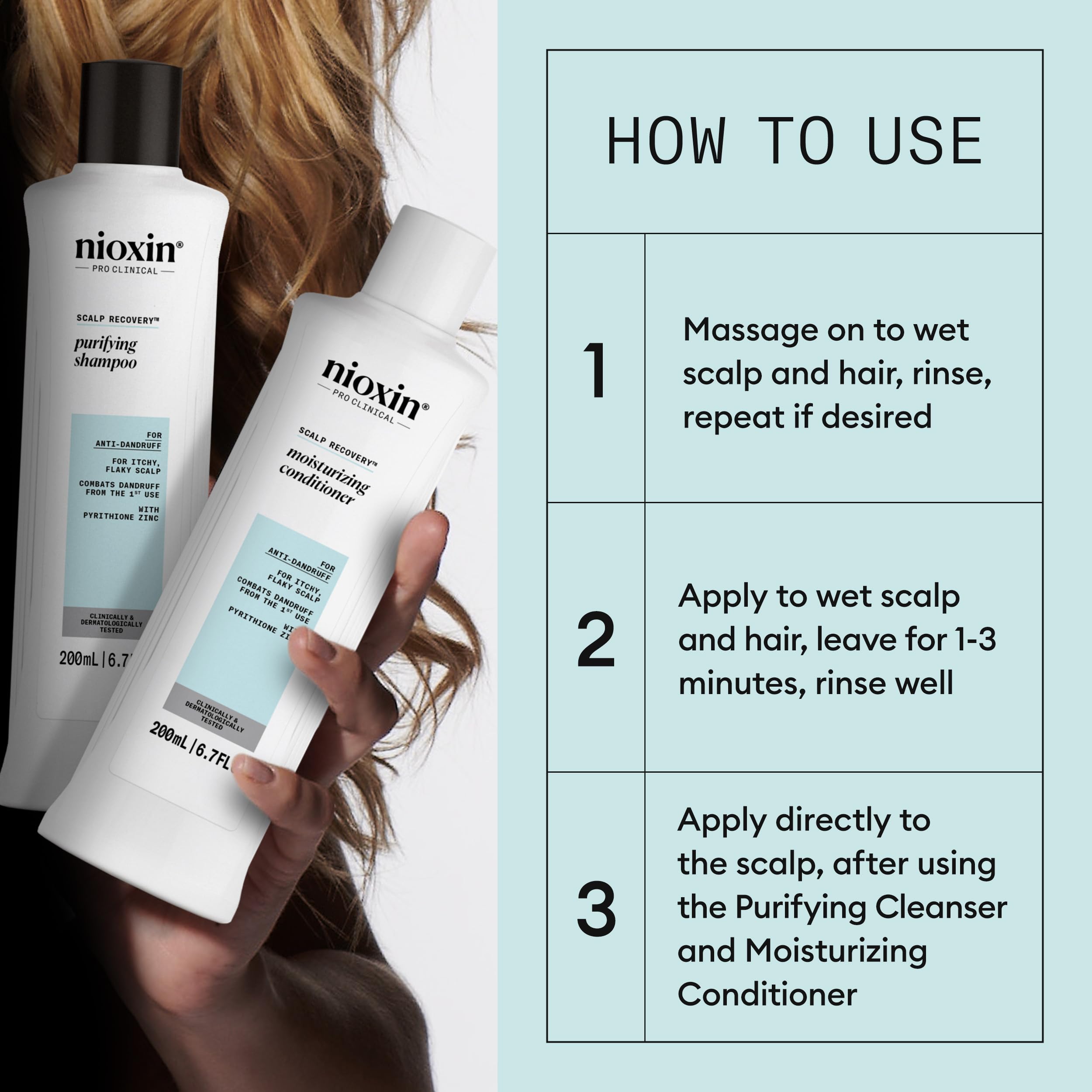 NIOXIN trial bottles in hand scale showing travel-friendly dandruff care convenience