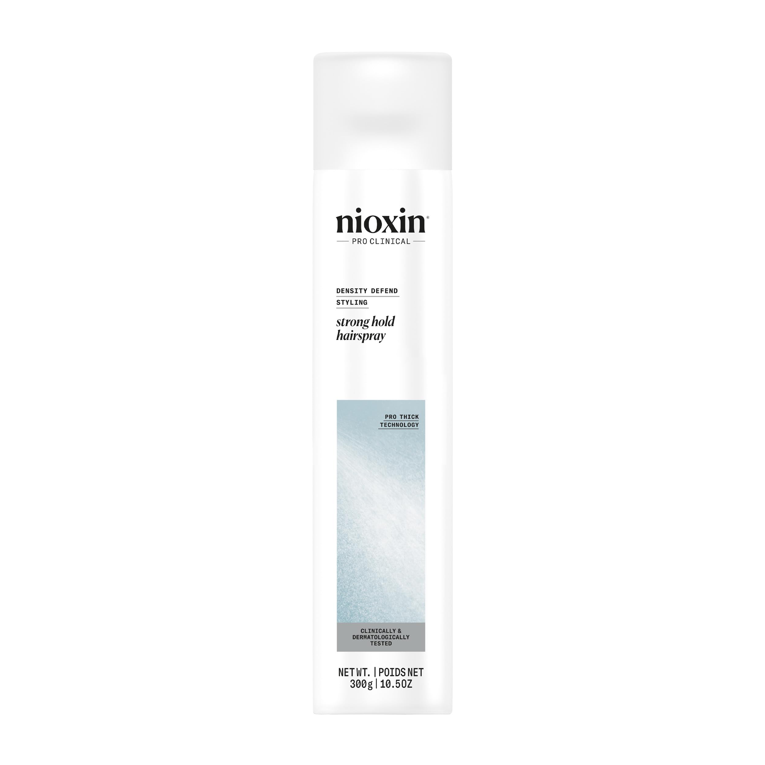 NIOXIN front packaging of Density Defend Strong Hold hairspray shows product and benefits