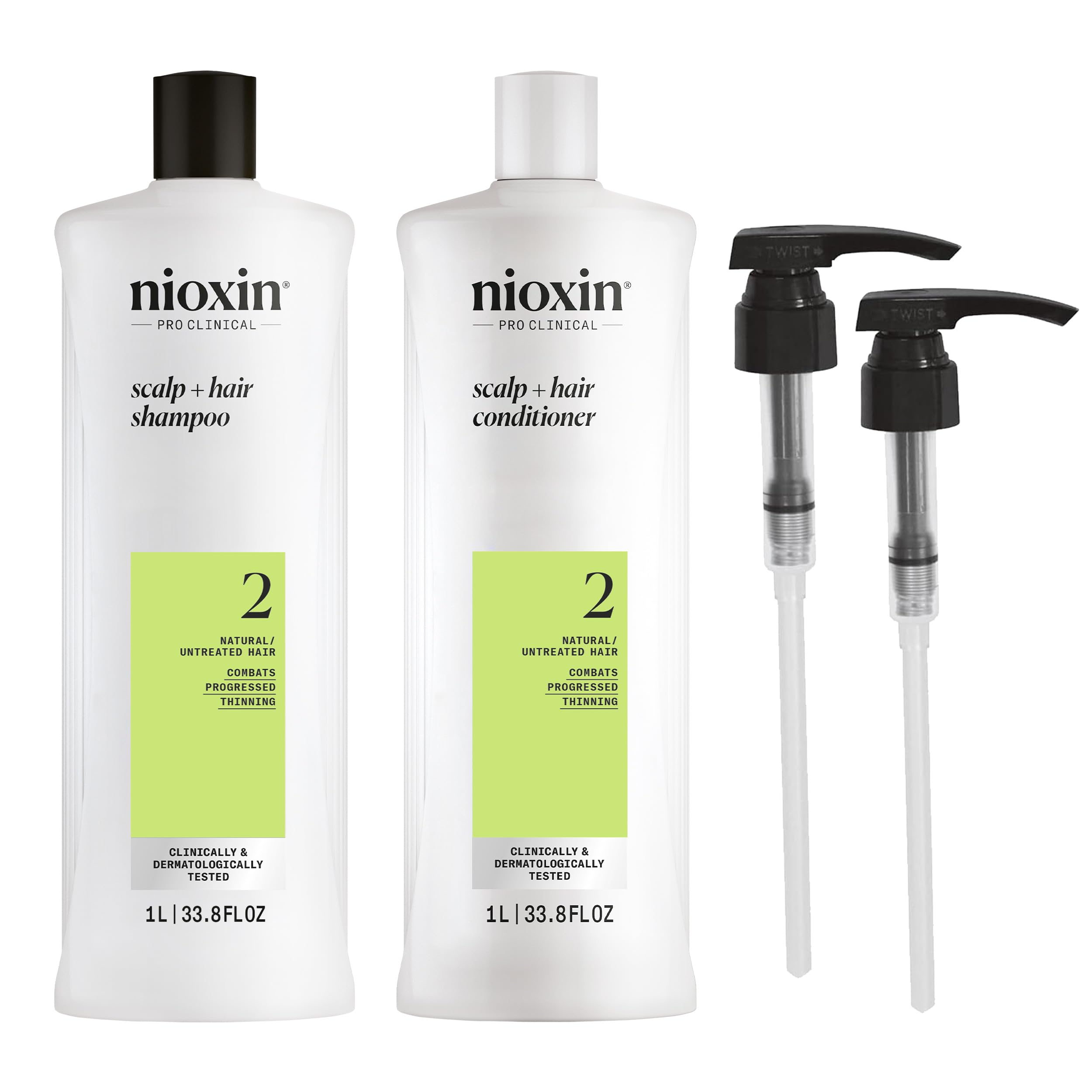 Nioxin front packaging showing both System 2 bottles and pumps promoting professional size