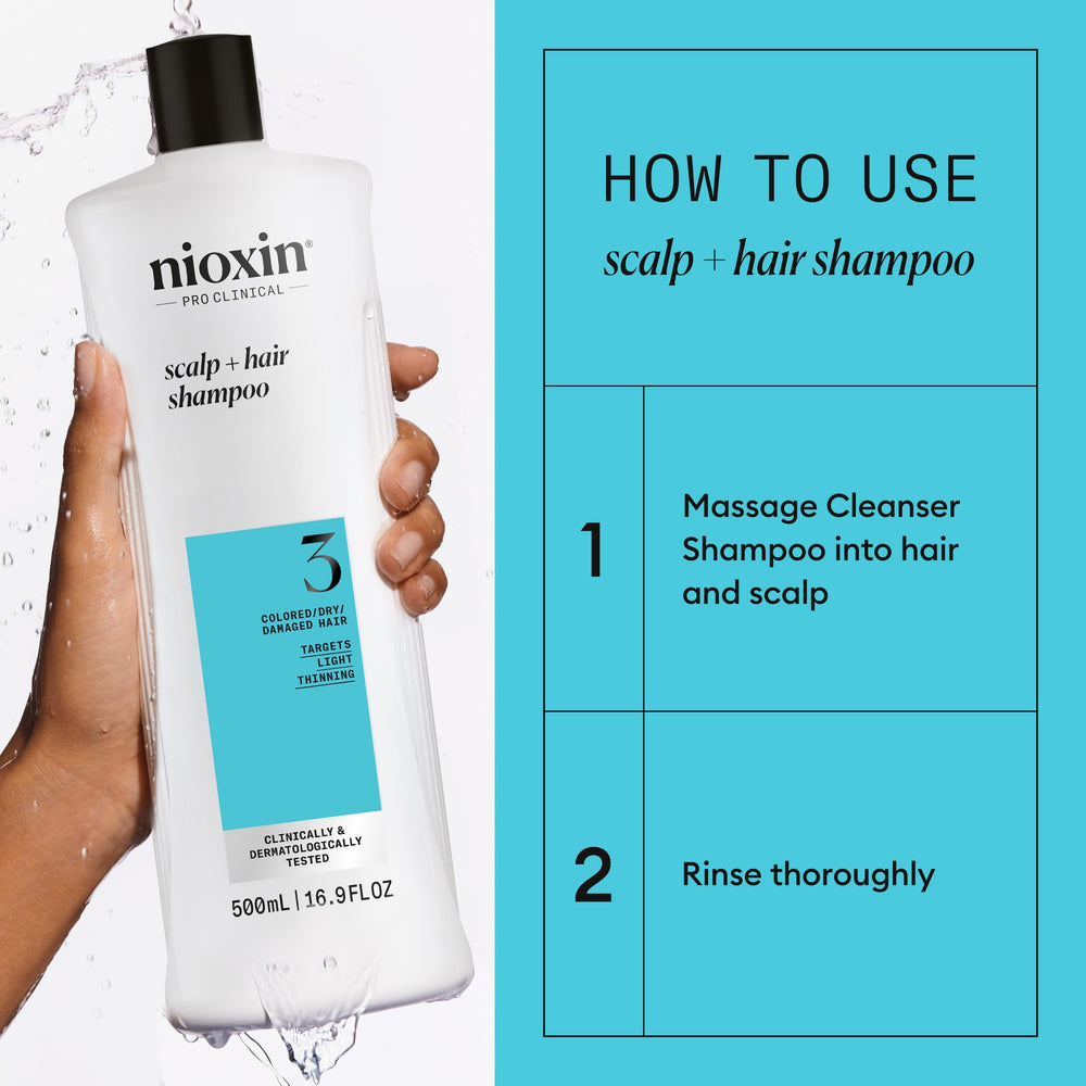 Nioxin System 3 bottle beside color-treated hair illustrating safe cleansing and color protection