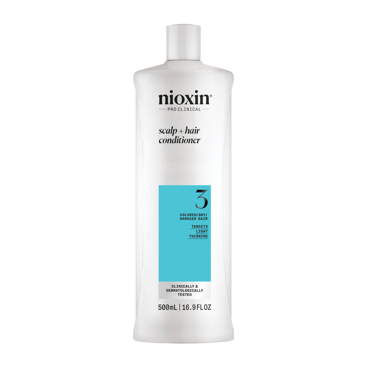 NIOXIN System 3 front packaging showing 16.9 fl oz bottle and branding benefits
