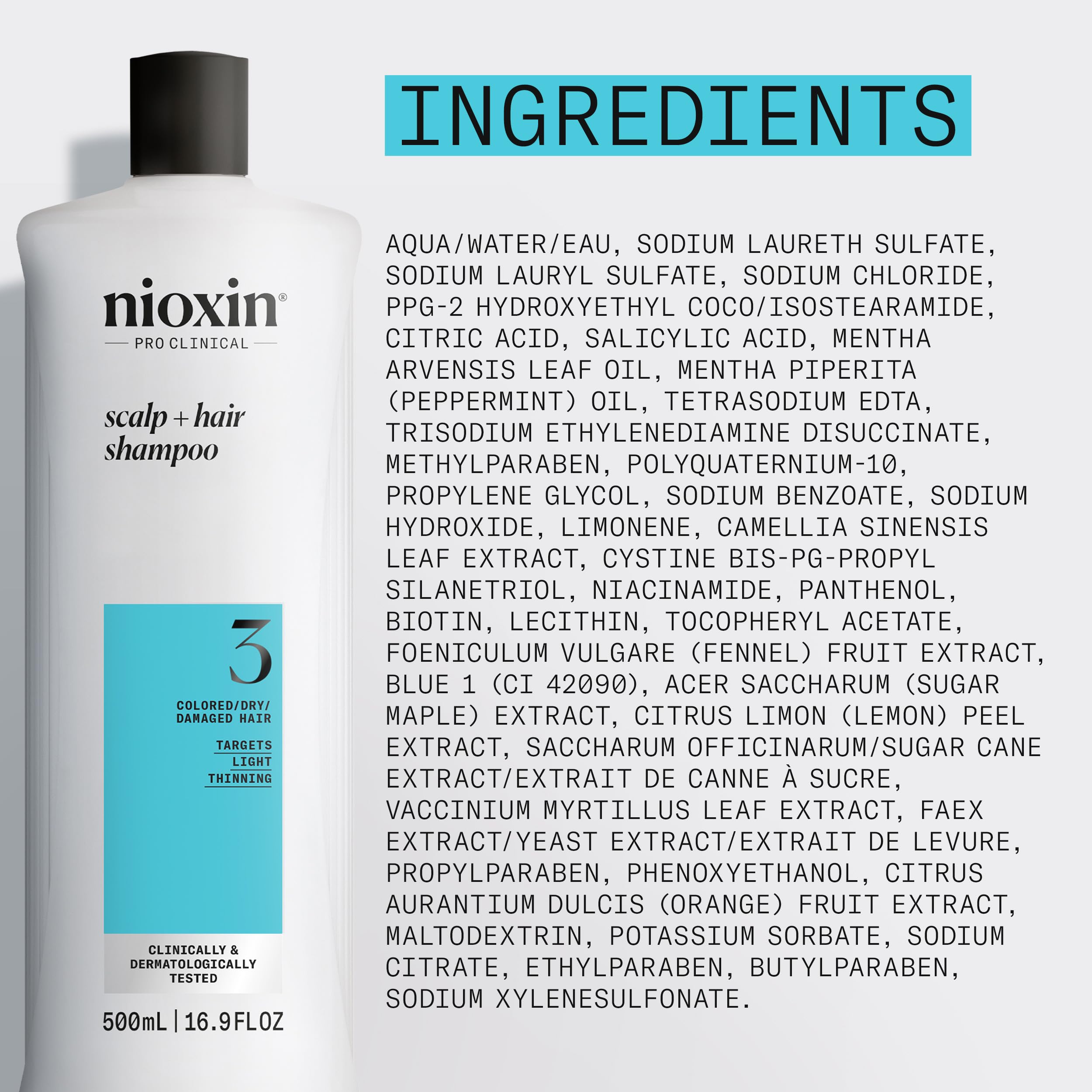 Nioxin System 3 held in hand to show 16.9 fl oz size and travel-friendly benefit
