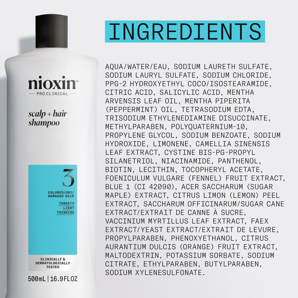Nioxin System 3 held in hand to show 16.9 fl oz size and travel-friendly benefit