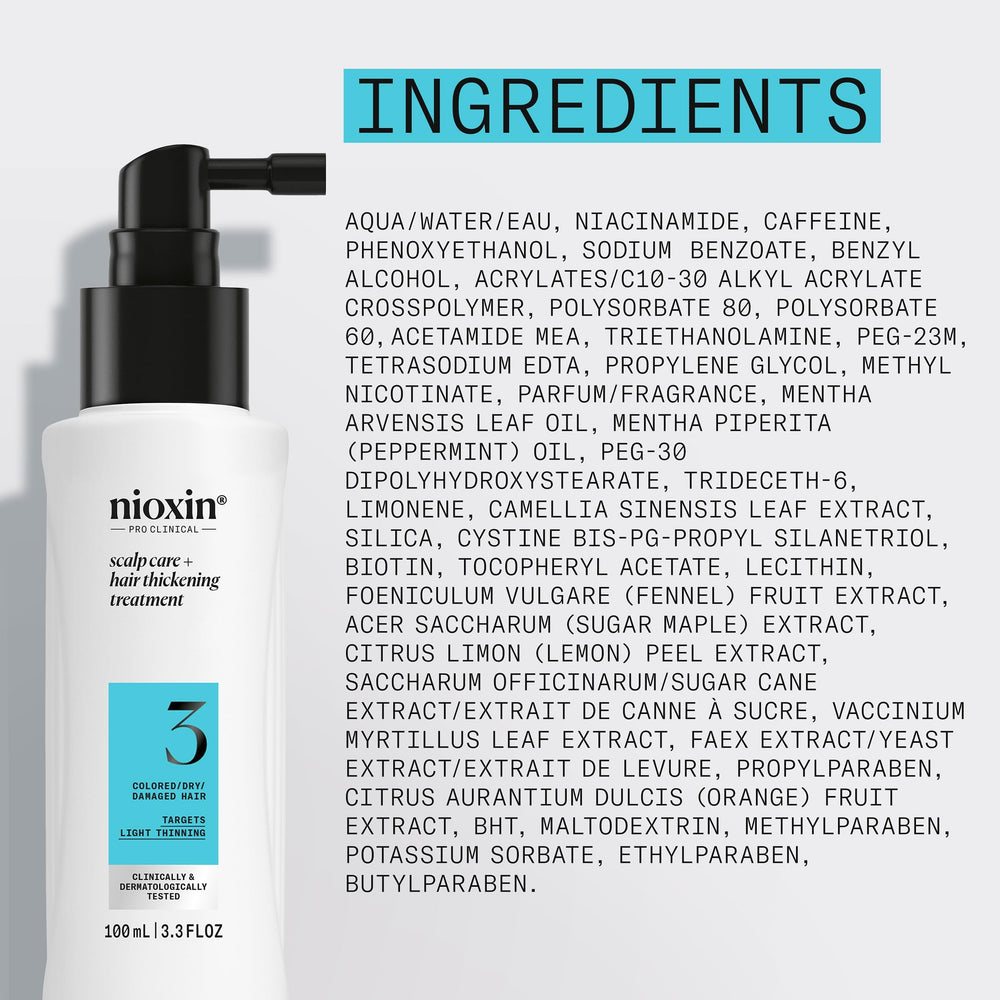 Nioxin System 3 bottle on a bathroom shelf styled with towels showing easy daily routine benefit