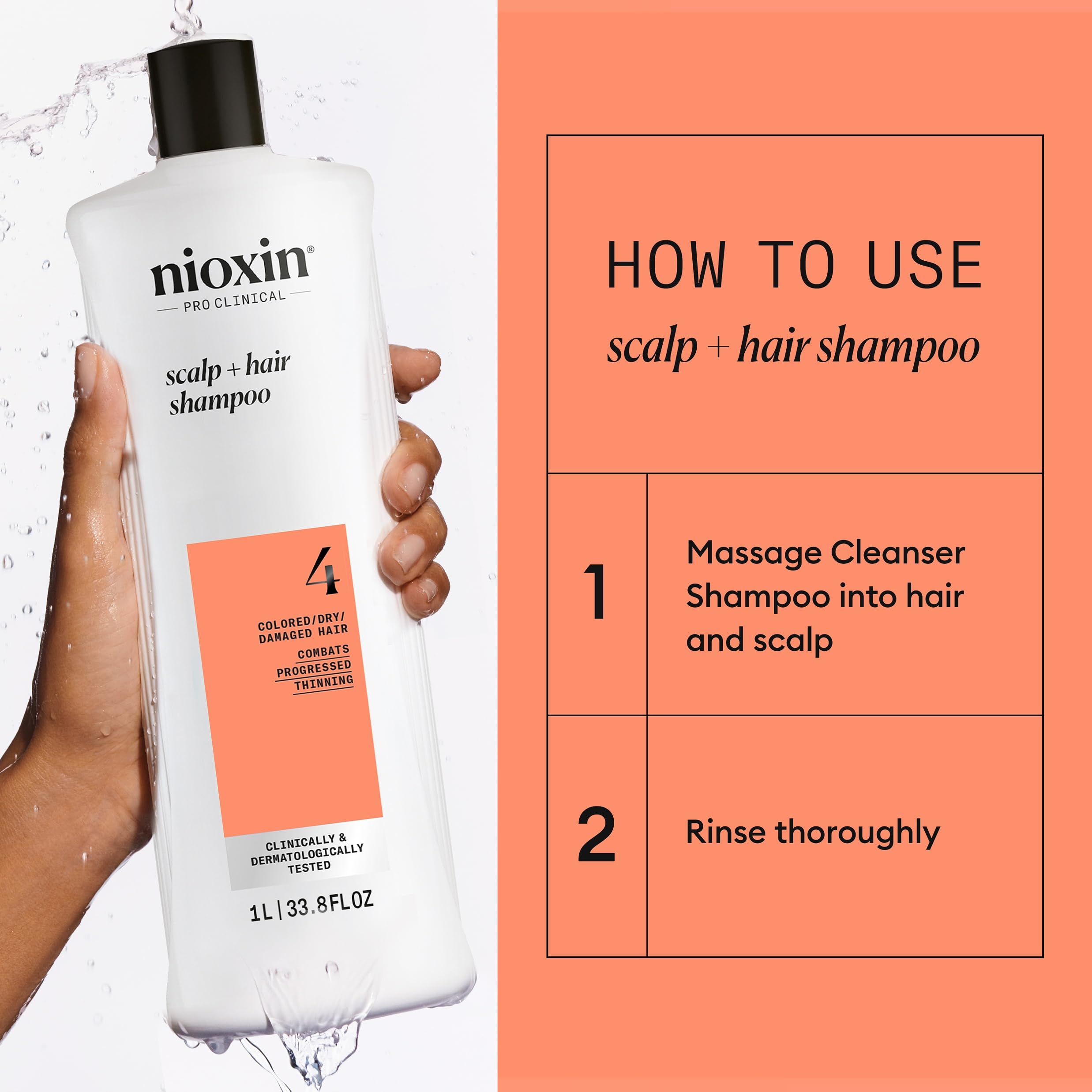 Nioxin bottles in hand for size and 33.8 fl oz scale comparison