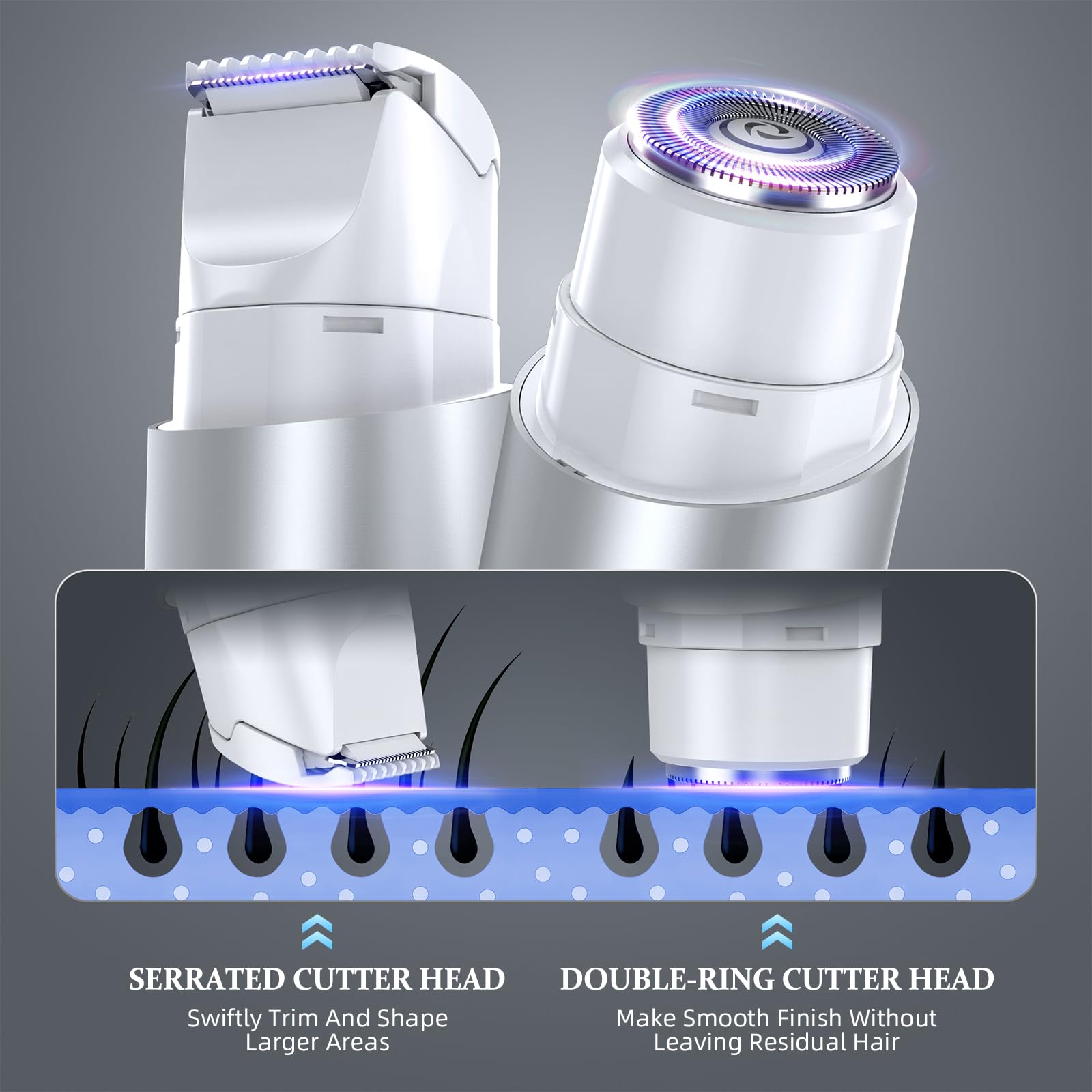 NIPOO Bikini Trimmer serrated cutter-head closeup highlights fast trimming of larger areas.