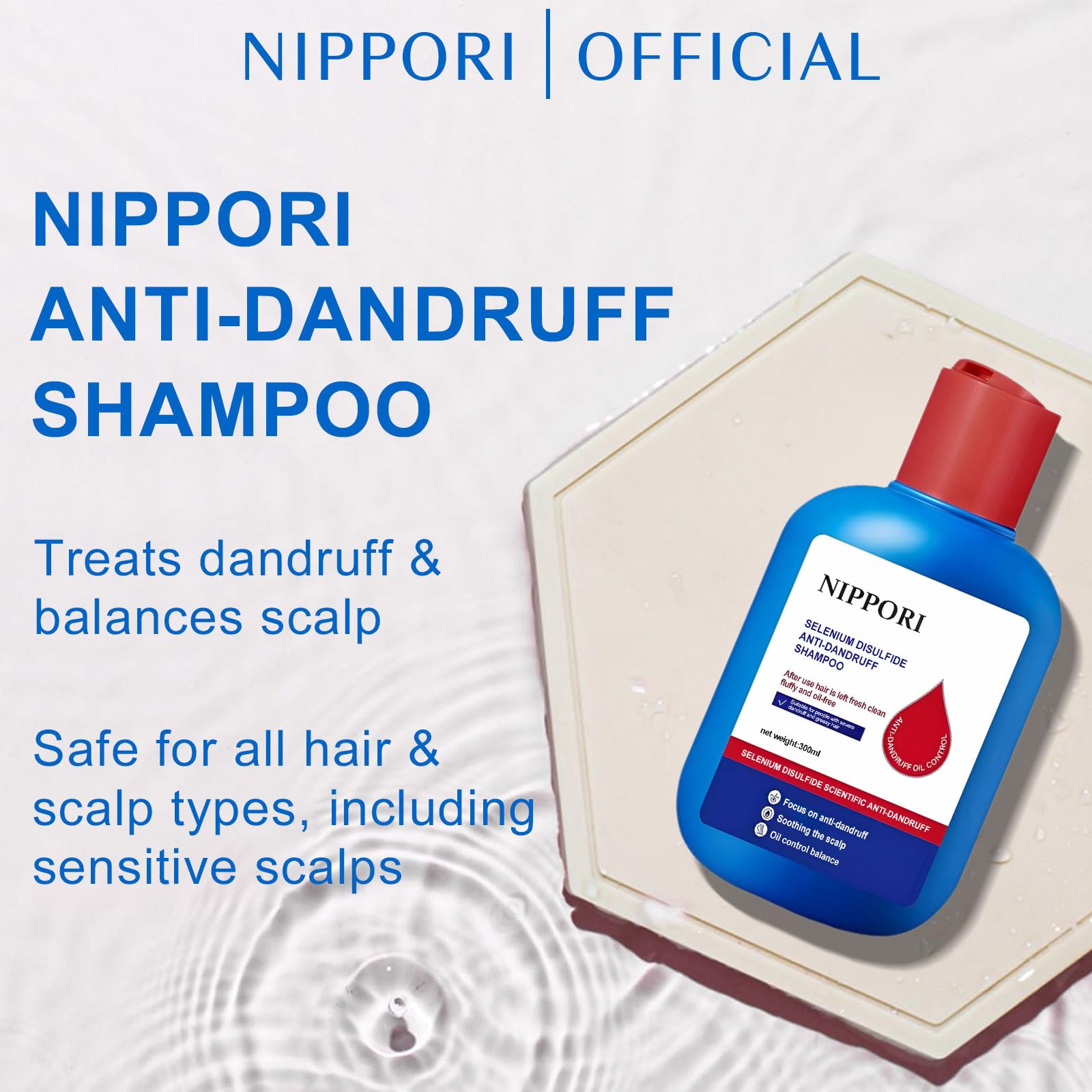 NIPPORI selenium-disulfide foam highlights dandruff control and scalp care in action.