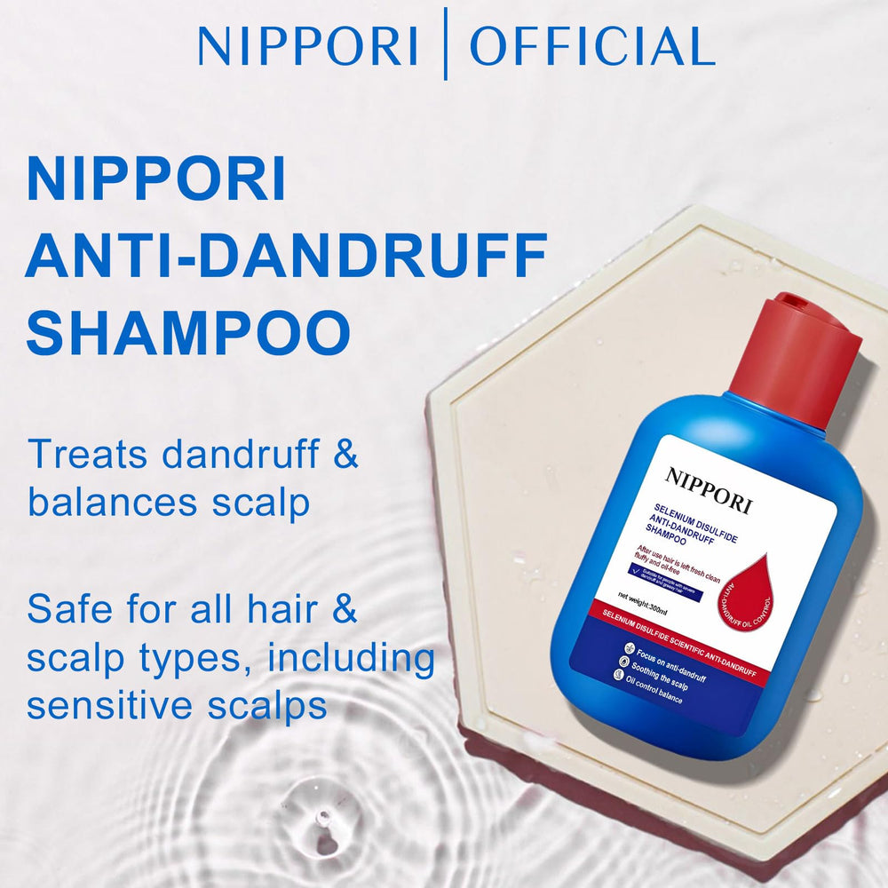 NIPPORI selenium-disulfide foam highlights dandruff control and scalp care in action.