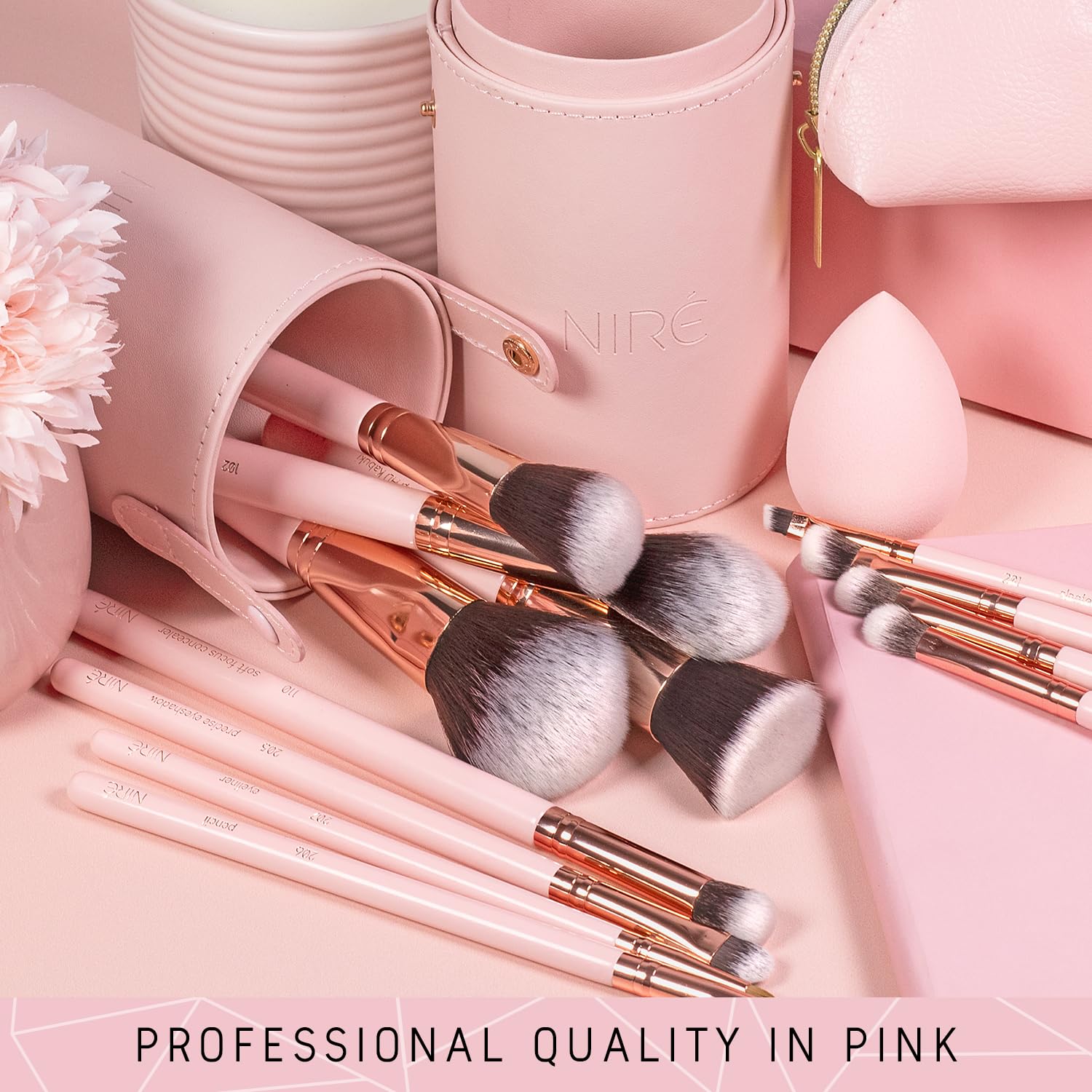 Niré Beauty pink brush case open shows full 15-piece set ready.