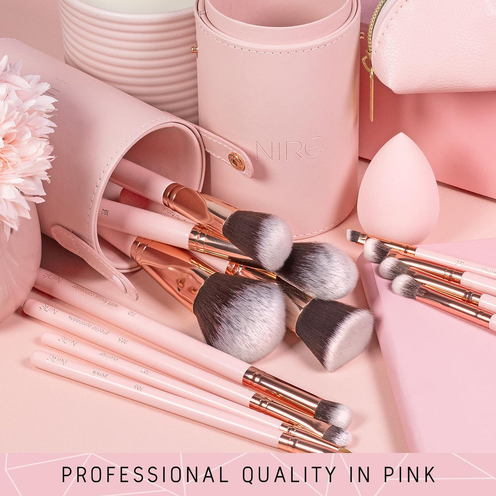 Niré Beauty pink brush case open shows full 15-piece set ready.