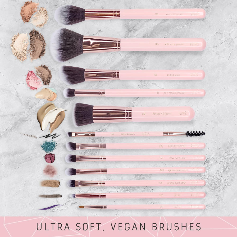 Niré Beauty pink brush heads closeup highlights ultra-soft bristles for seamless blending.