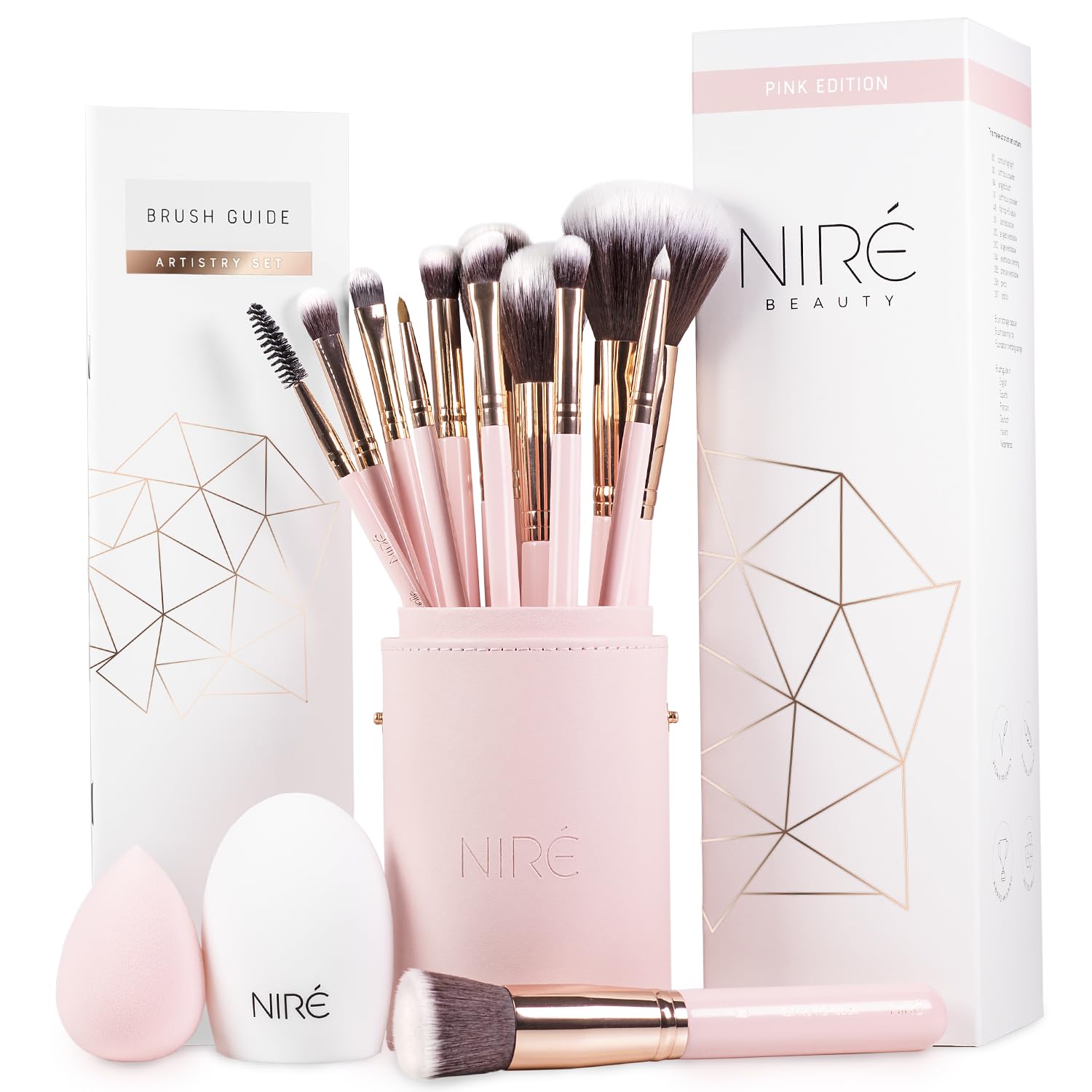 Niré Beauty pink brush set case shows organized tools for travel-ready makeup.