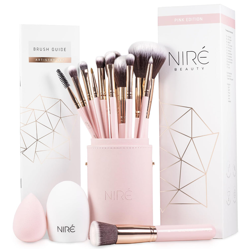 Niré Beauty pink brush set case shows organized tools for travel-ready makeup.