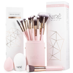 Niré Beauty pink brush set case shows organized tools for travel-ready makeup.