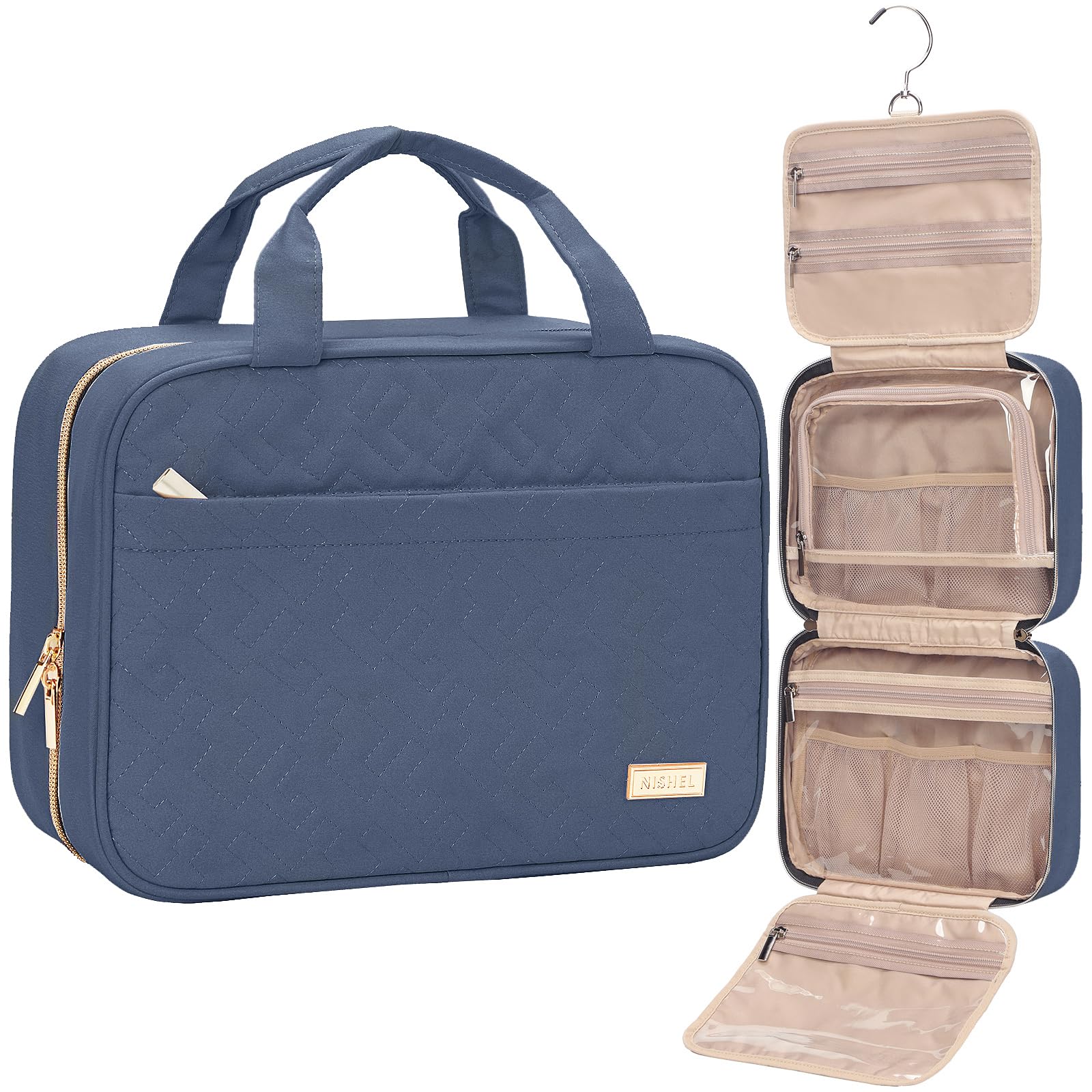 NISHEL travel toiletry bag in Aegean Blue, compact for carry-on packing