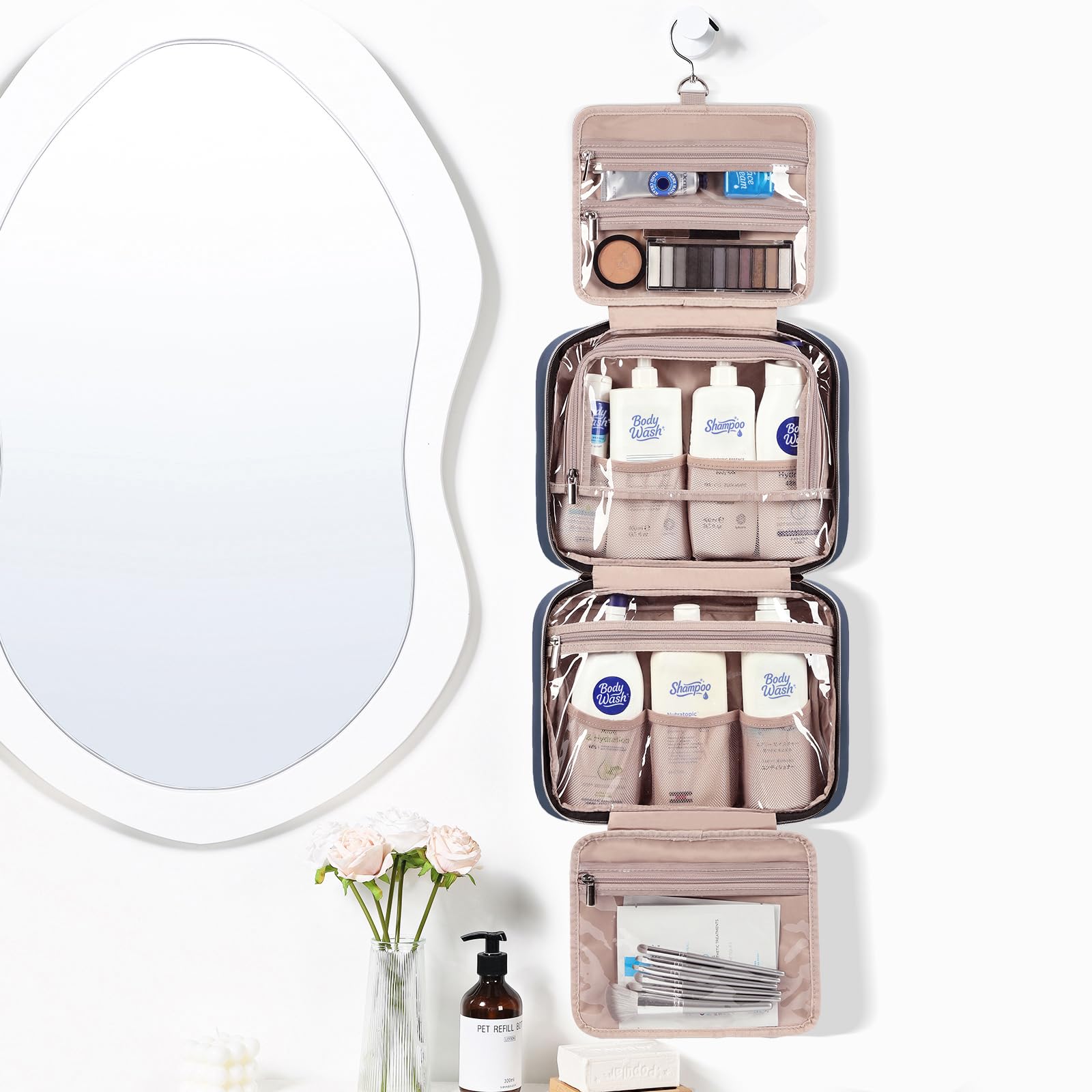 NISHEL travel bag hanging display enables easy access in hotel bathrooms