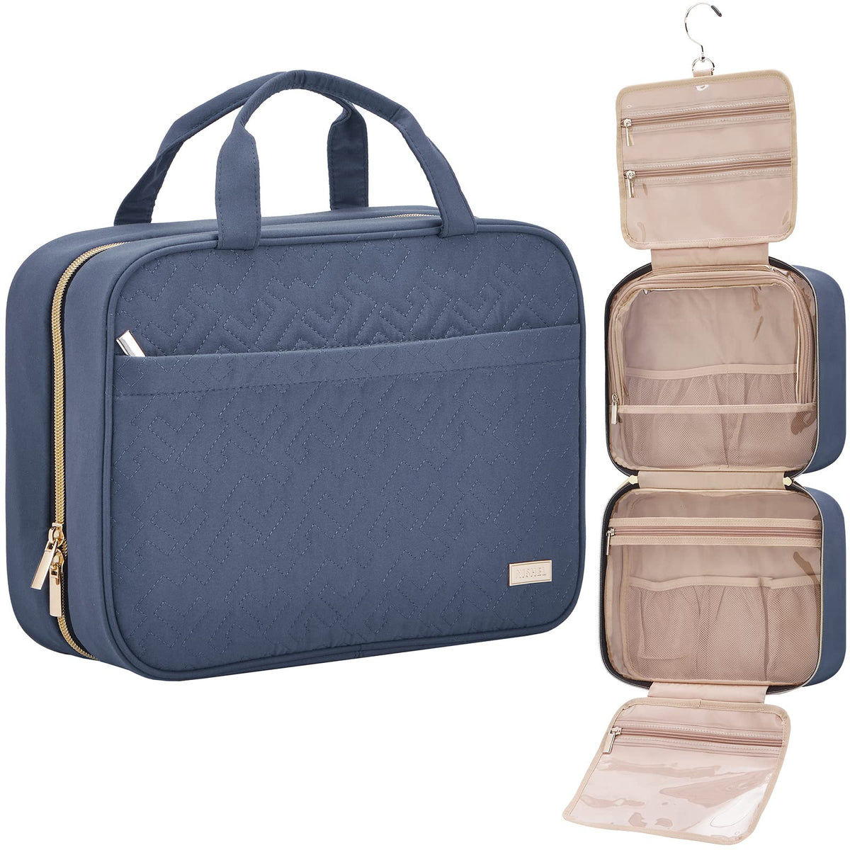 NISHEL travel toiletry bag in Aegean Blue opened, showing roomy compartments for full-size products