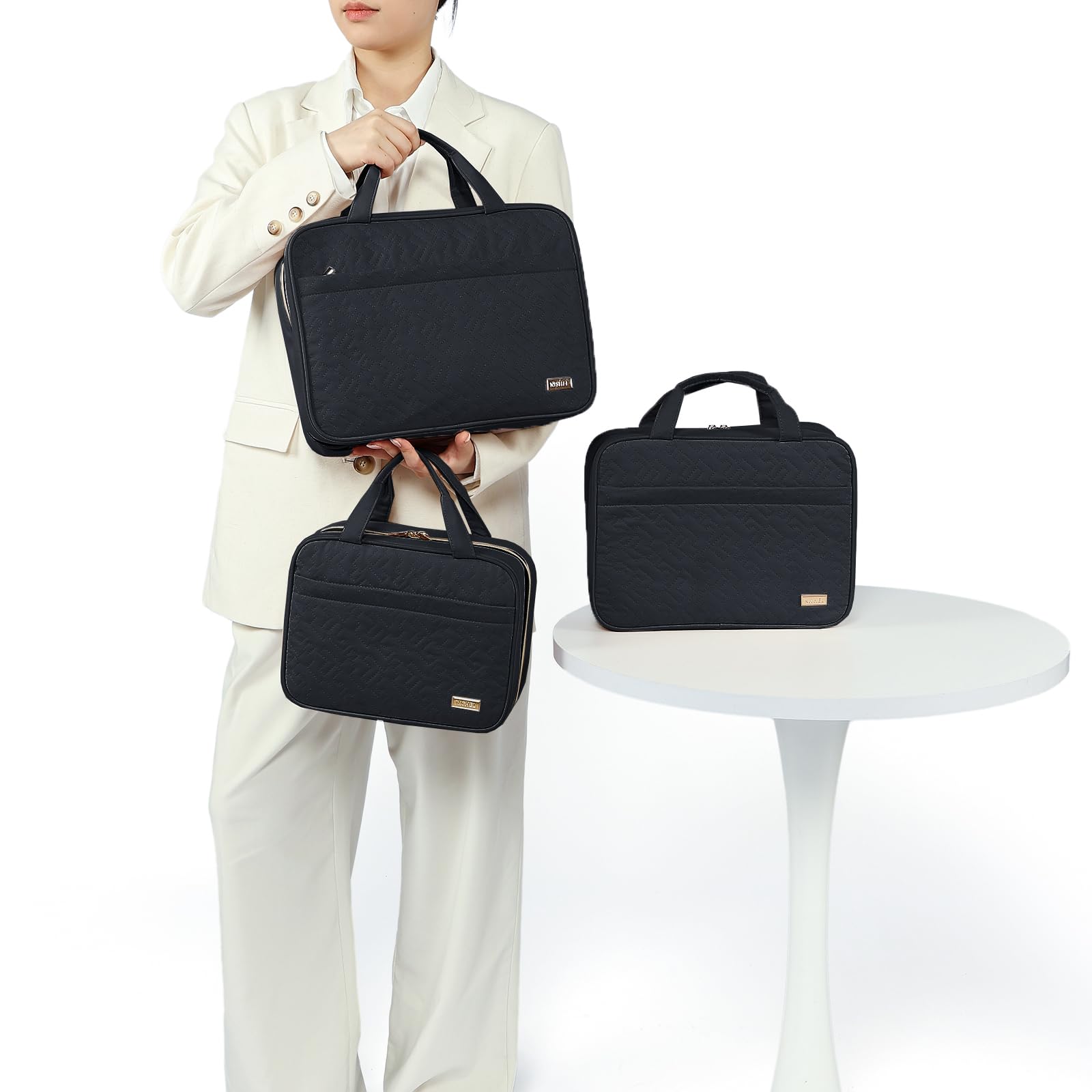 NISHEL travel toiletry bag elastic pockets organize cosmetics and skincare securely during travel.
