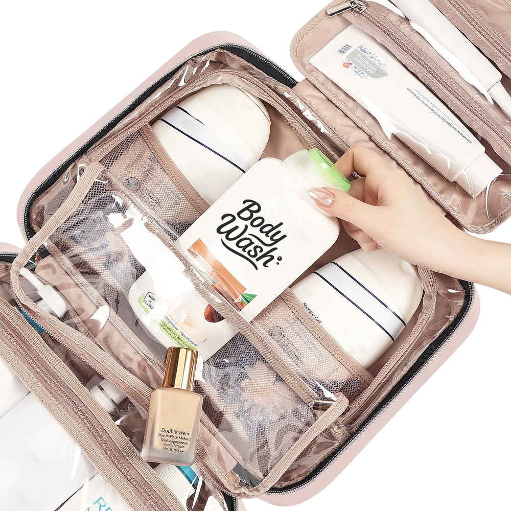 NISHEL travel toiletry bag pink front pocket for quick-access essentials.