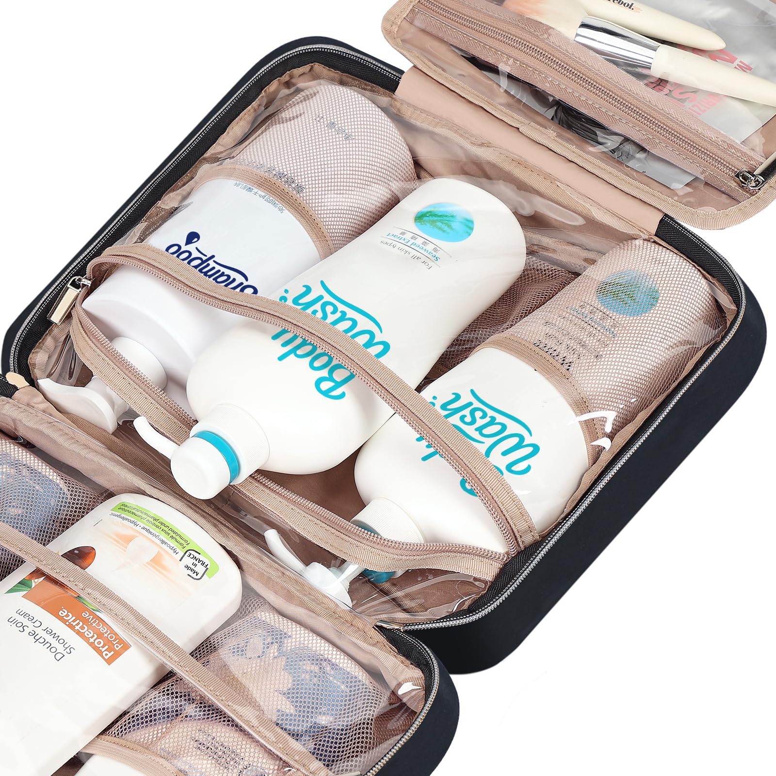 NISHEL travel toiletry bag front pocket provides quick-access storage for essentials.