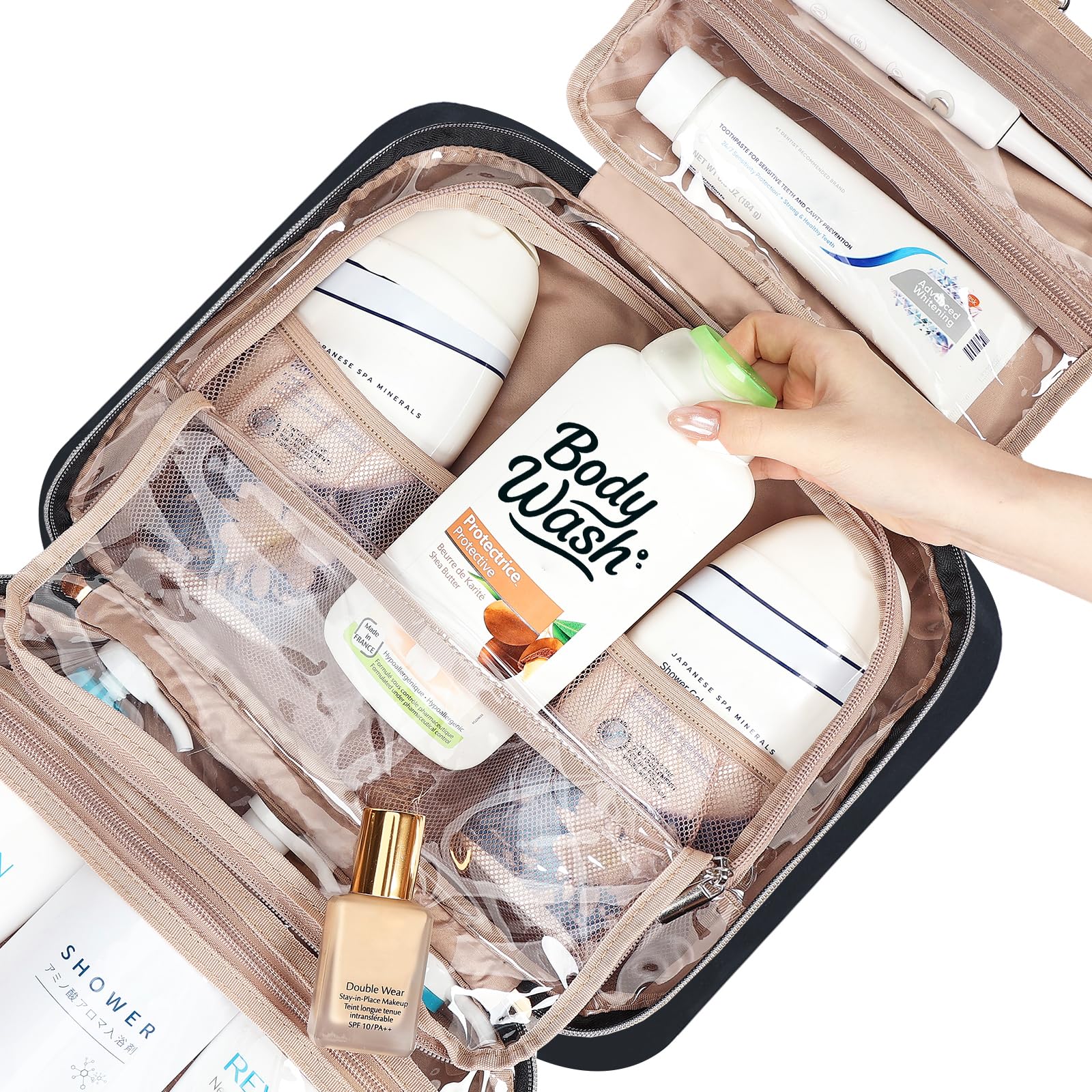 NISHEL travel toiletry bag hanger design lets you hang it within reach in bathrooms.