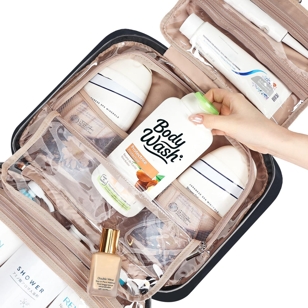 NISHEL travel toiletry bag hanger design lets you hang it within reach in bathrooms.
