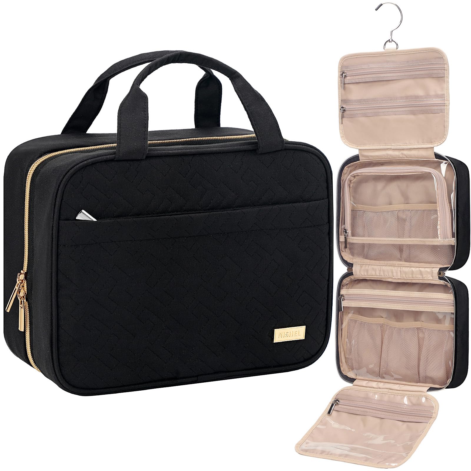 NISHEL travel toiletry bag hanging setup enables convenient hotel-room access.