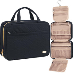NISHEL travel toiletry bag hanging setup shows roomy interior for family essentials and easy access.