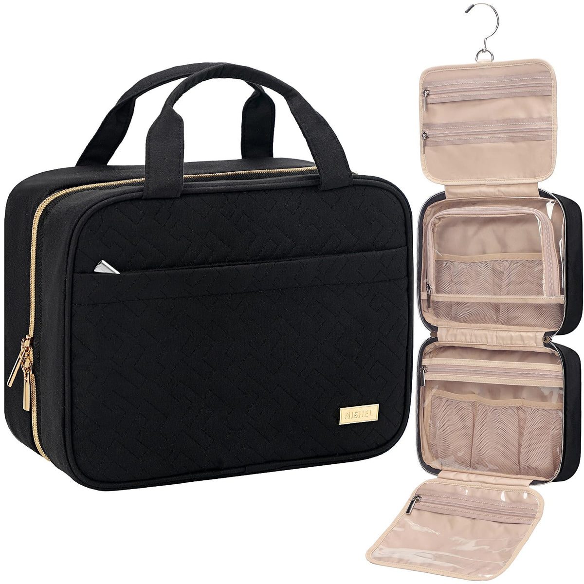 NISHEL travel toiletry bag hanging setup enables convenient hotel-room access.