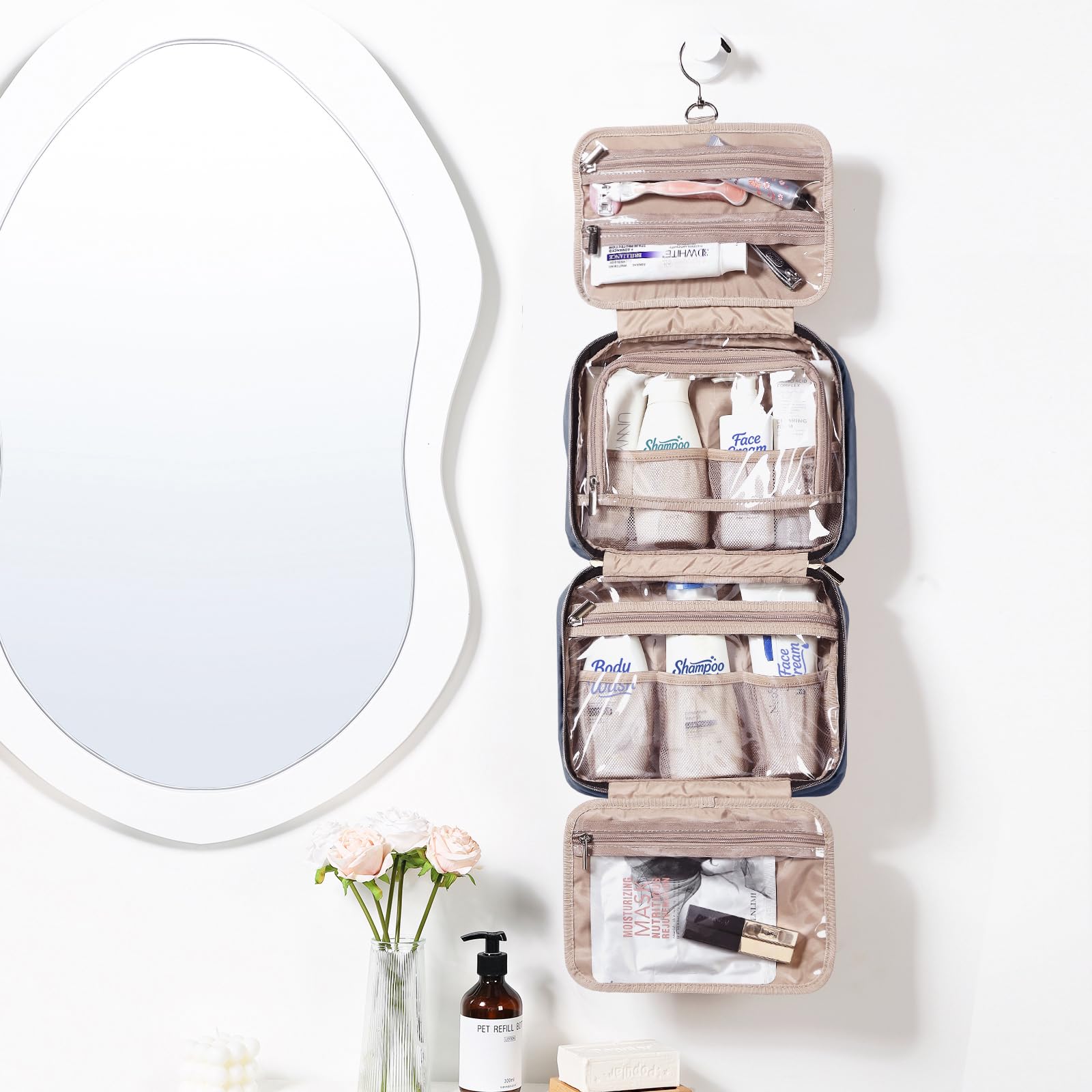 NISHEL travel bag hanging setup for easy hotel bathroom access
