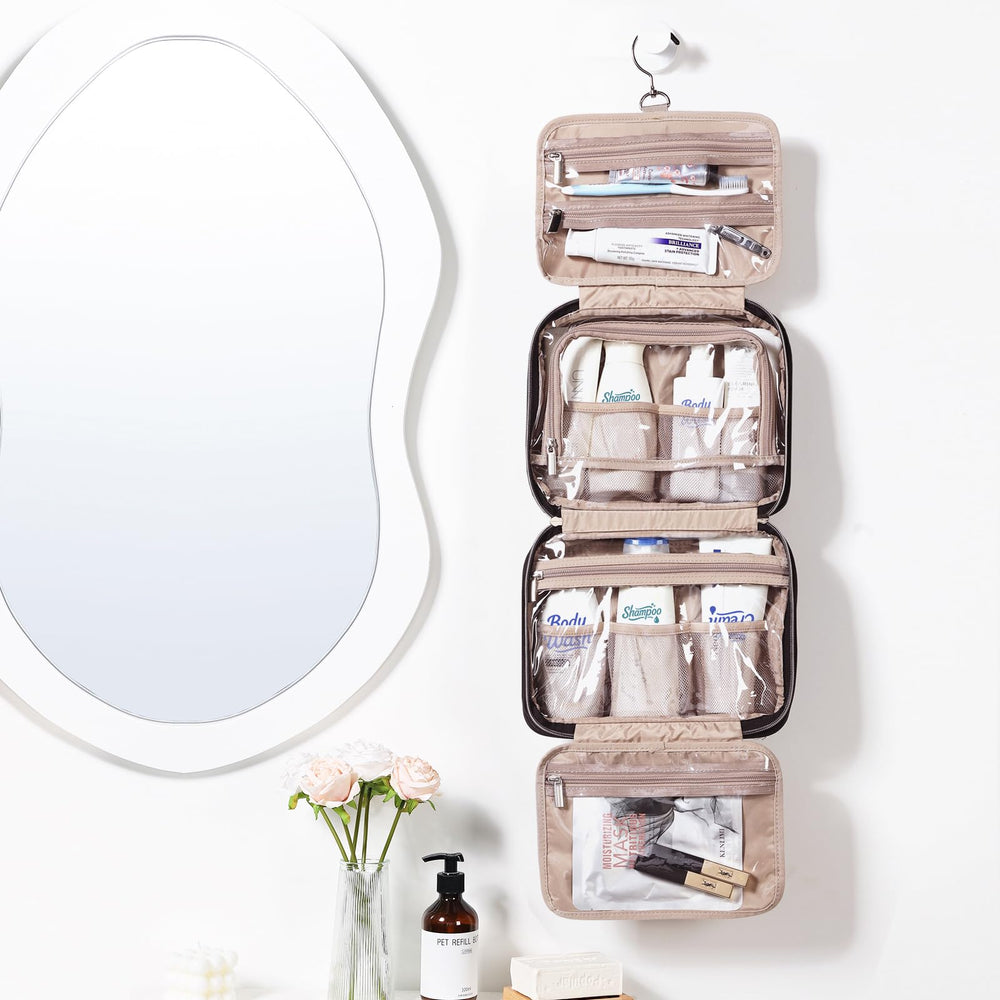 NISHEL travel toiletry bag interior compartments organize cosmetics and essentials.