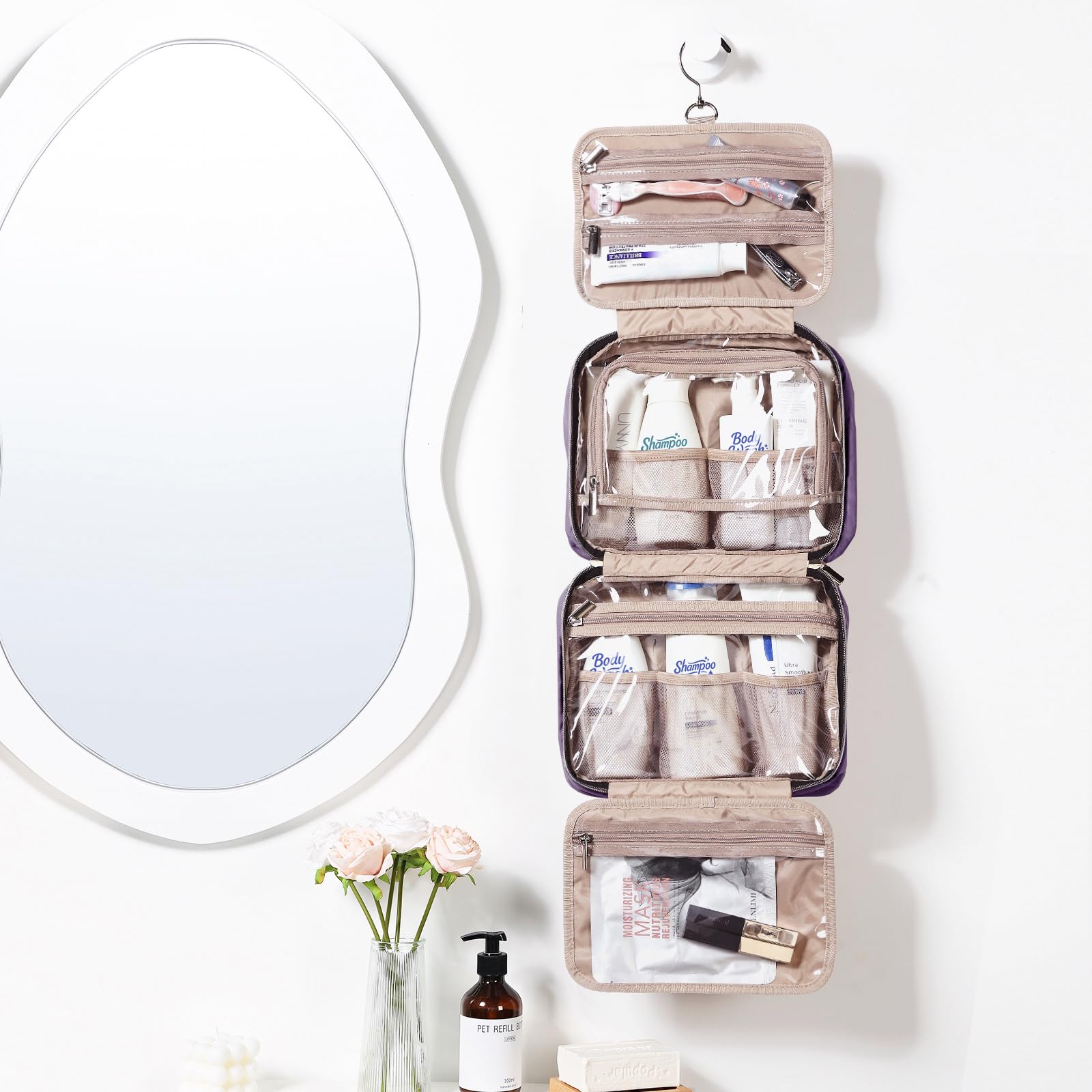 NISHEL travel bag interior compartments keep cosmetics organized on the go